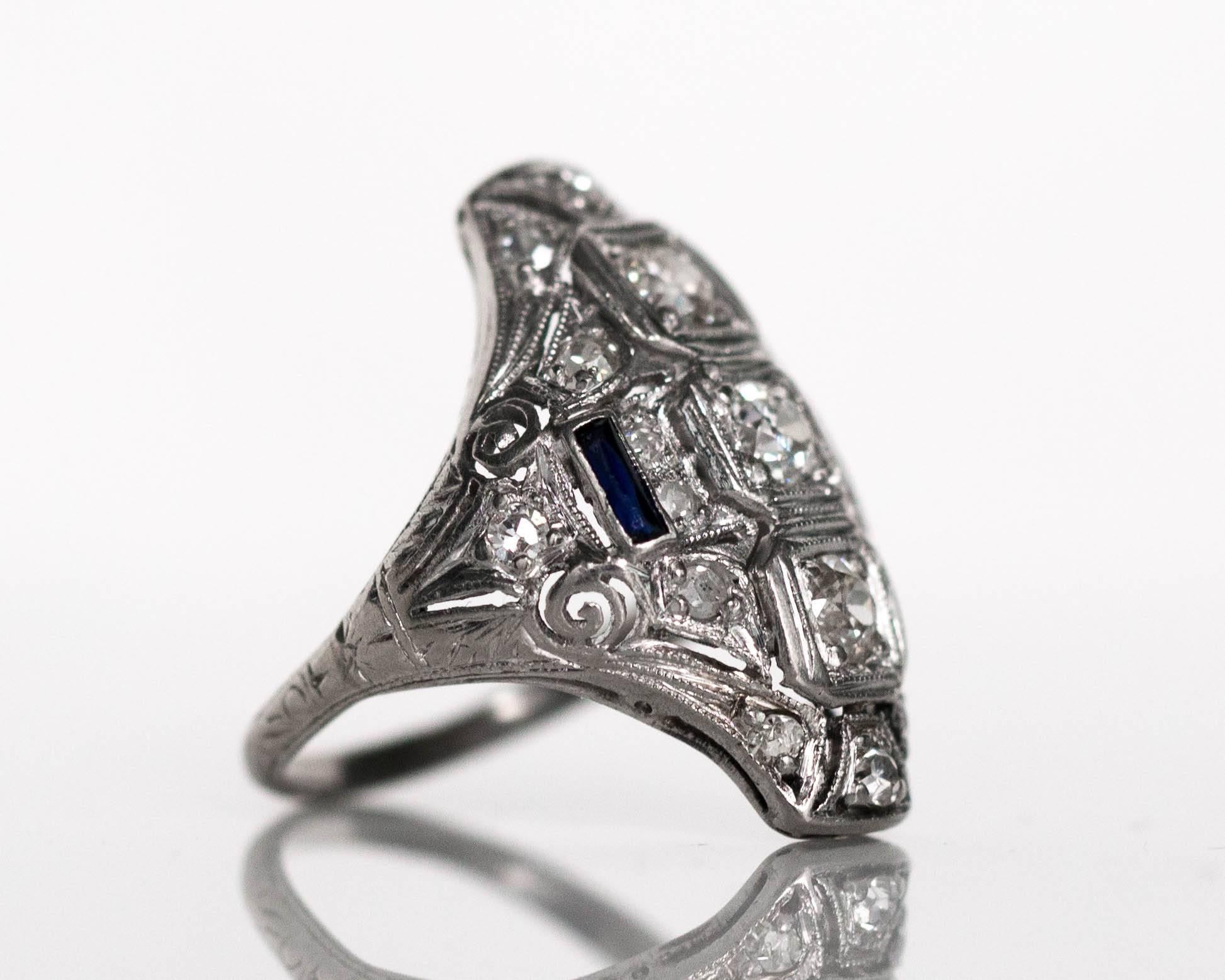 1920s Art Deco Platinum Diamond and Sapphire Shield Cocktail Ring In Excellent Condition In Atlanta, GA