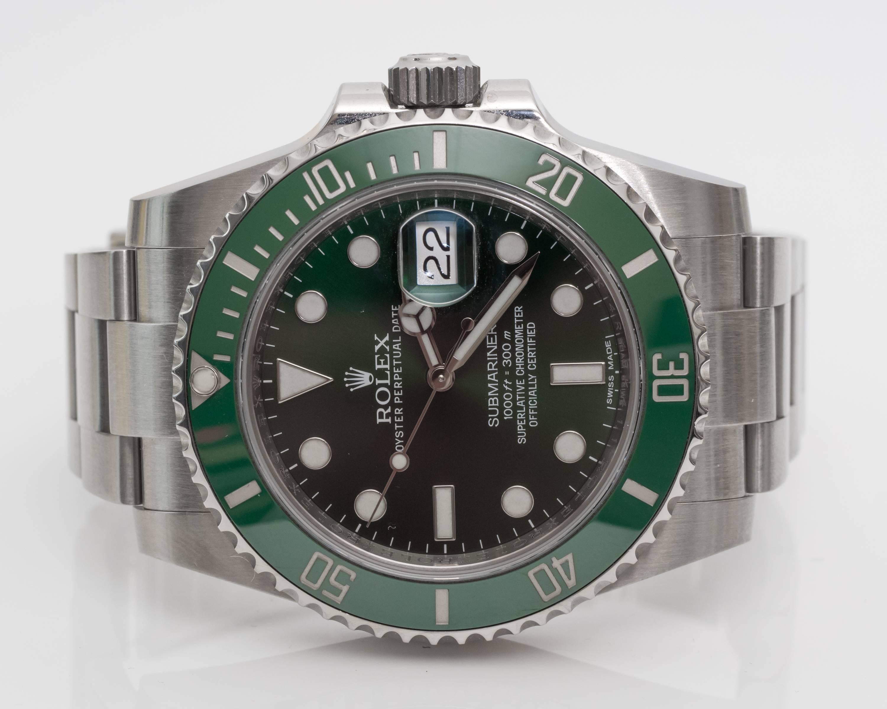 Classic Rolex Submariner, often recognized as "The Rolex Hulk Submariner" 
Face of the watch is a deep green color with white markers and hour hands

Hallmark "Rolex Oyster Perpetual Date Subamariner 1000ft = 300 m Superlative