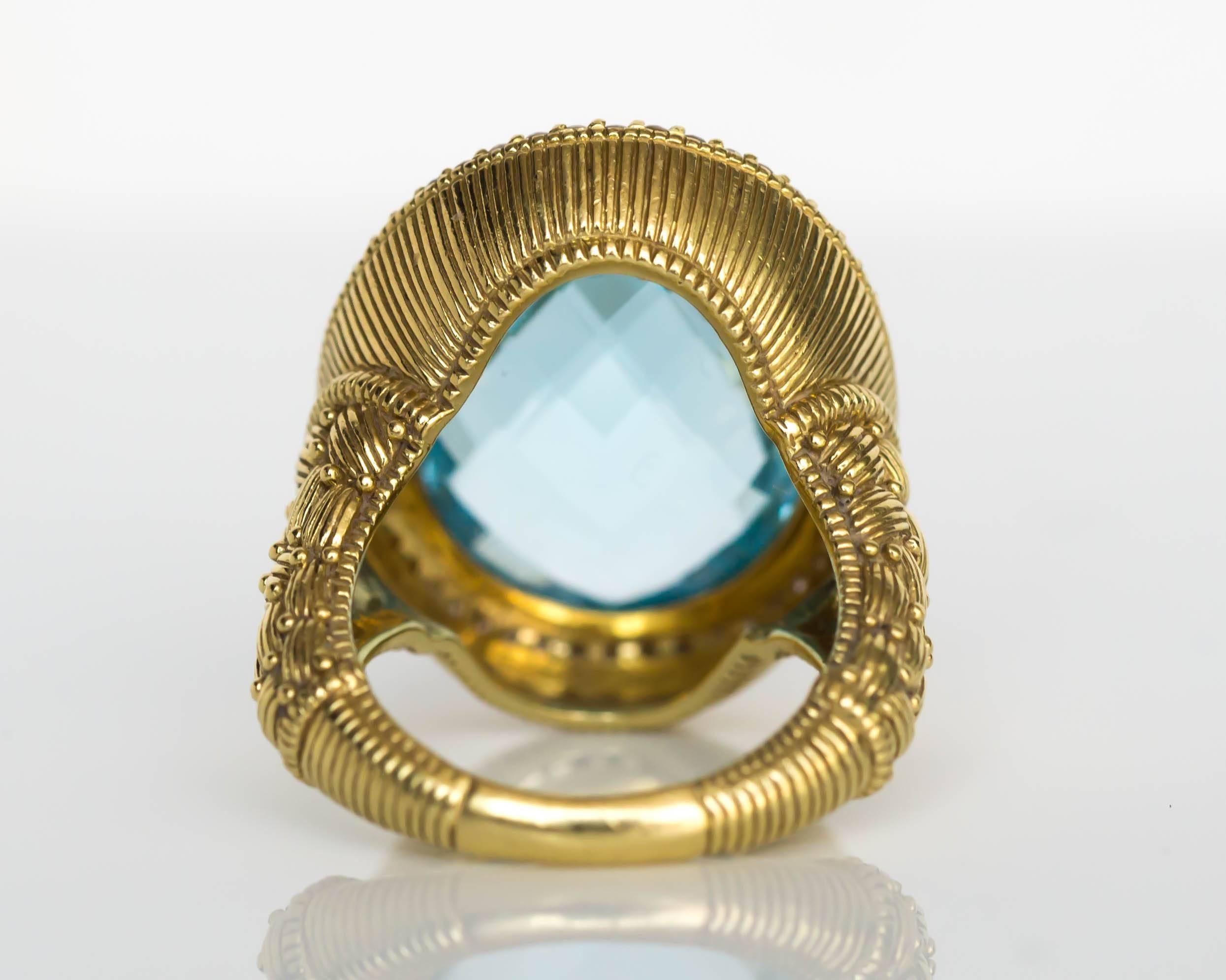 2010 Yellow Gold Judith Ripka 10 Carat London Blue Topaz and Diamond Ring In Excellent Condition In Atlanta, GA