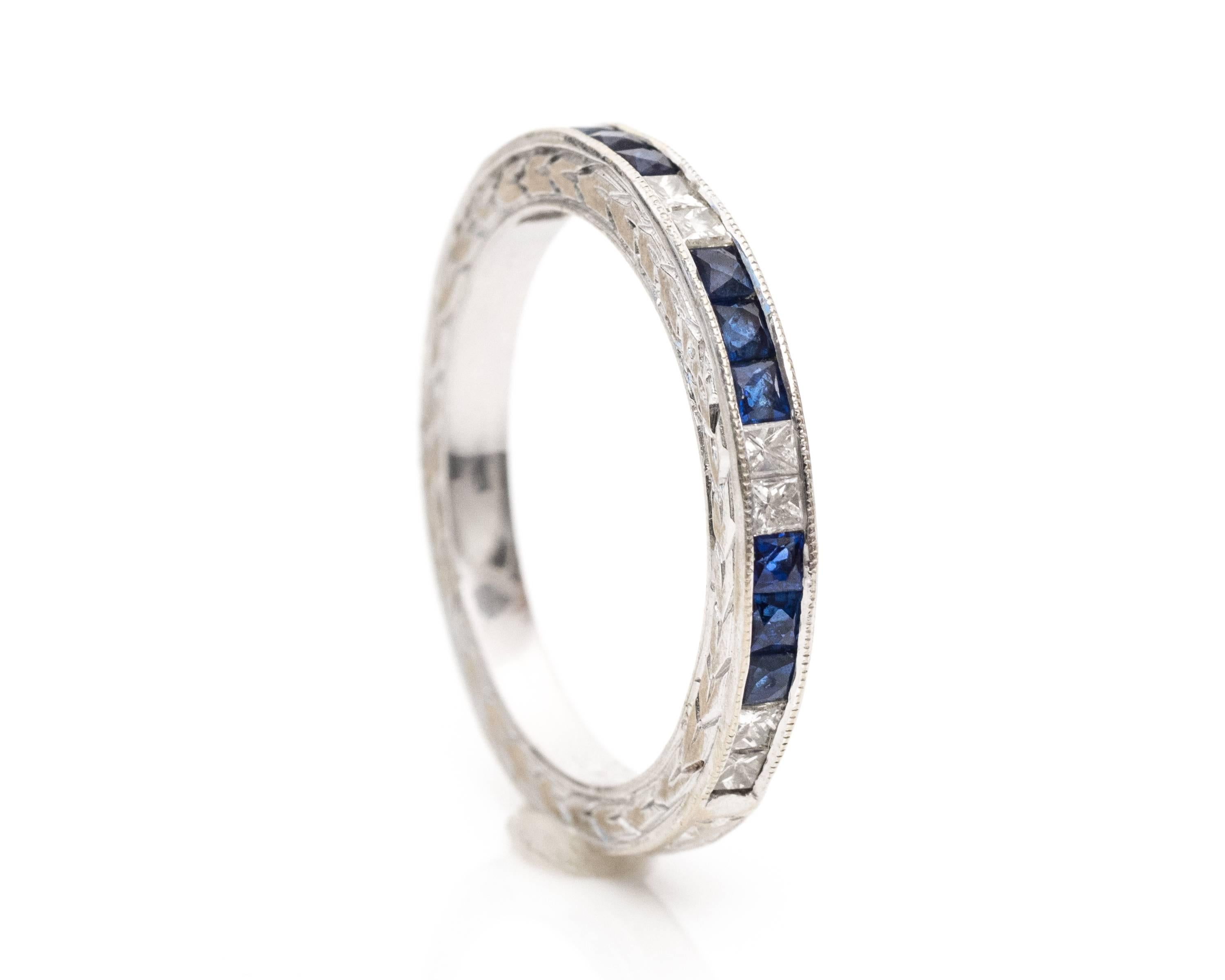 This wedding band adds the perfect touch of color and romance to your bridal set! There are 9 sapphires channel set in the band with 8 princess cut diamonds alternating between the deep blue gemstones. The pattern is three sapphires for every two