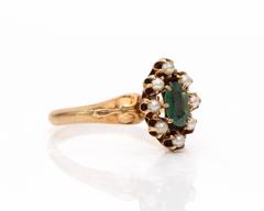 1910s Art Deco Emerald Seed Pearl 9 Karat Yellow Gold Halo Ring