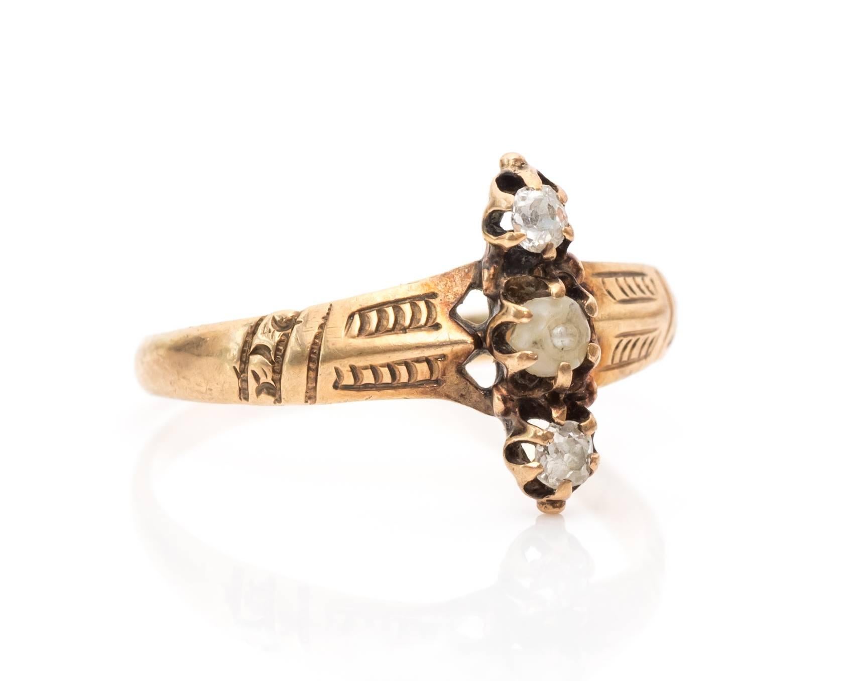 Victorian 1890s Old Cut Diamond, Pearl and 9 Karat Gold Ring
