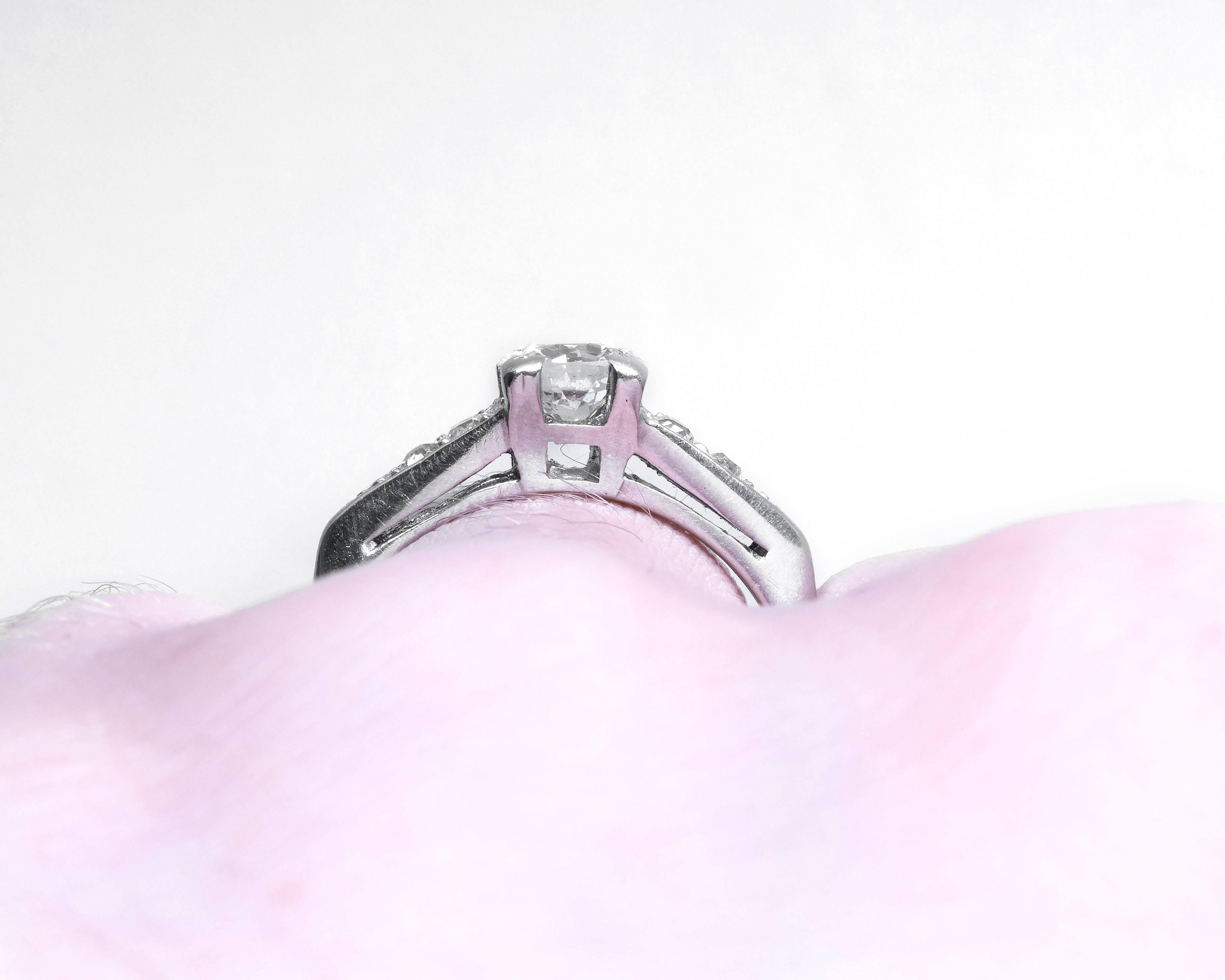 1930s Art Deco .60 Carat Old European Cut Diamond Platinum Engagement Ring In Excellent Condition For Sale In Atlanta, GA