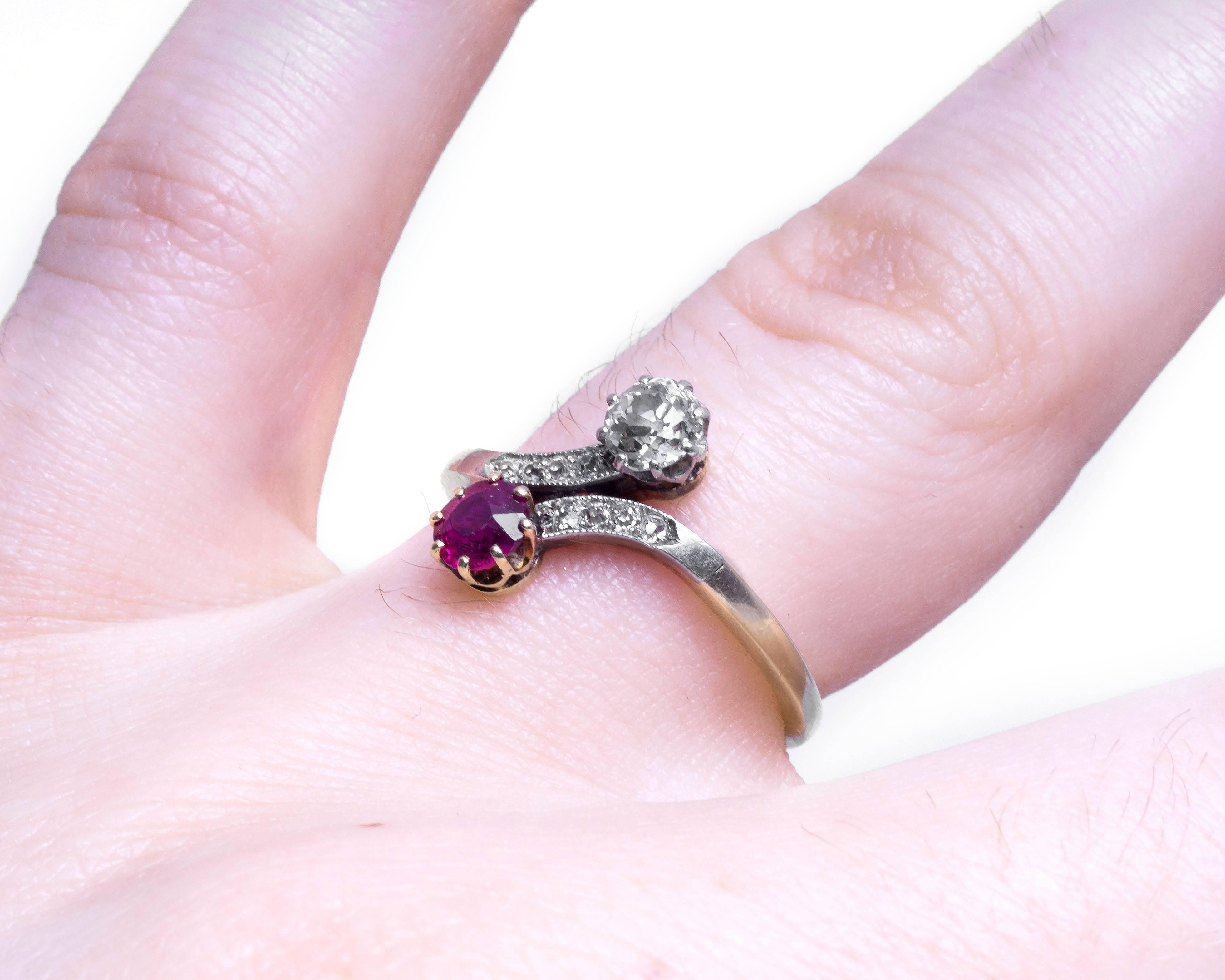 1890s Ruby Diamond Yellow Gold Platinum Toi et Moi Engagement Ring For Sale 1