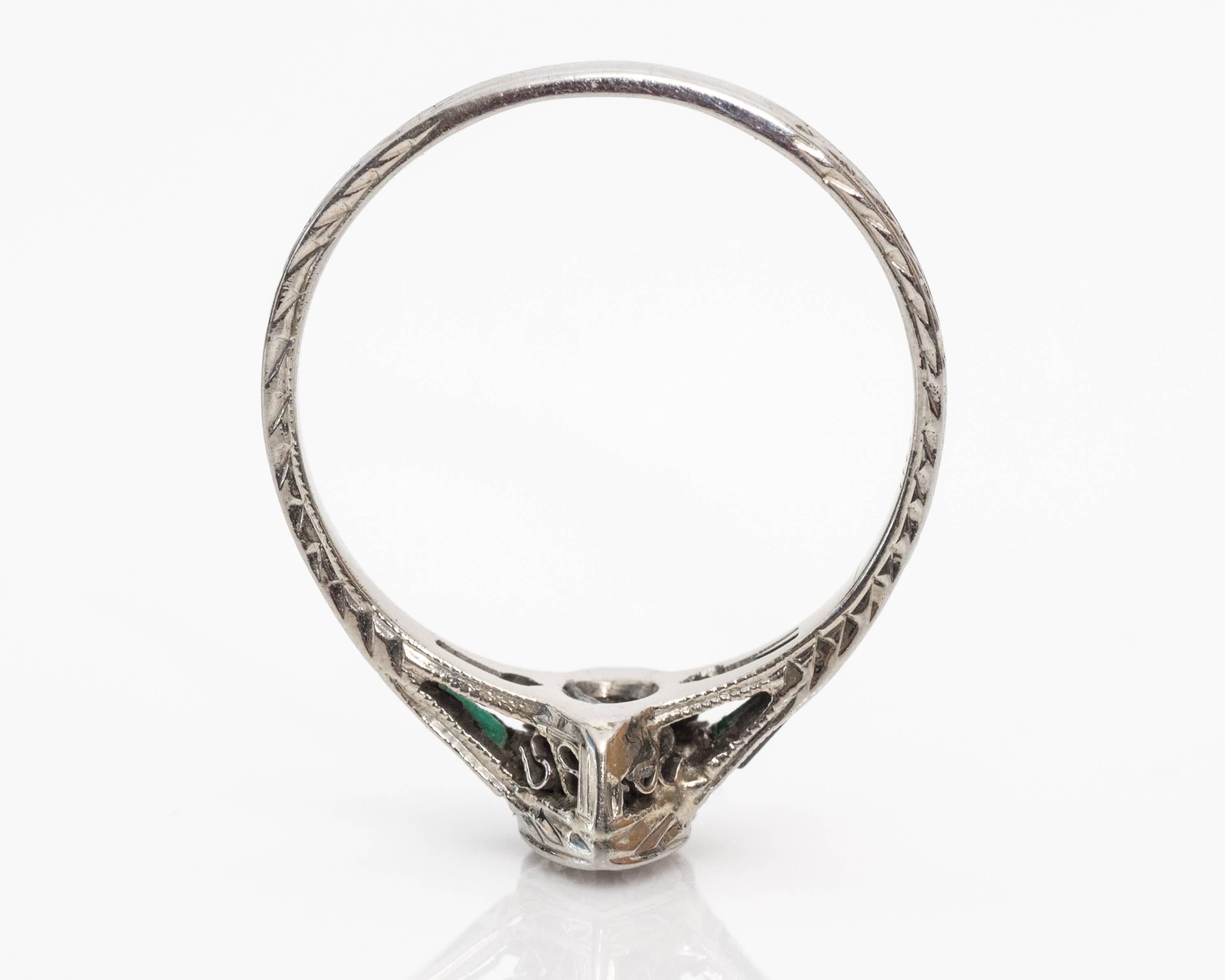 Old European Cut 1915 Art Deco .20 Carat Old European Diamond Emerald 18 Karat White Gold Ring