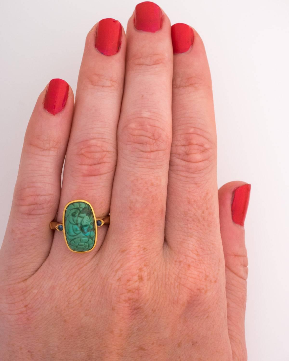 Women's 1800s Turquoise Stone Sapphire Cabochons Gold Ring