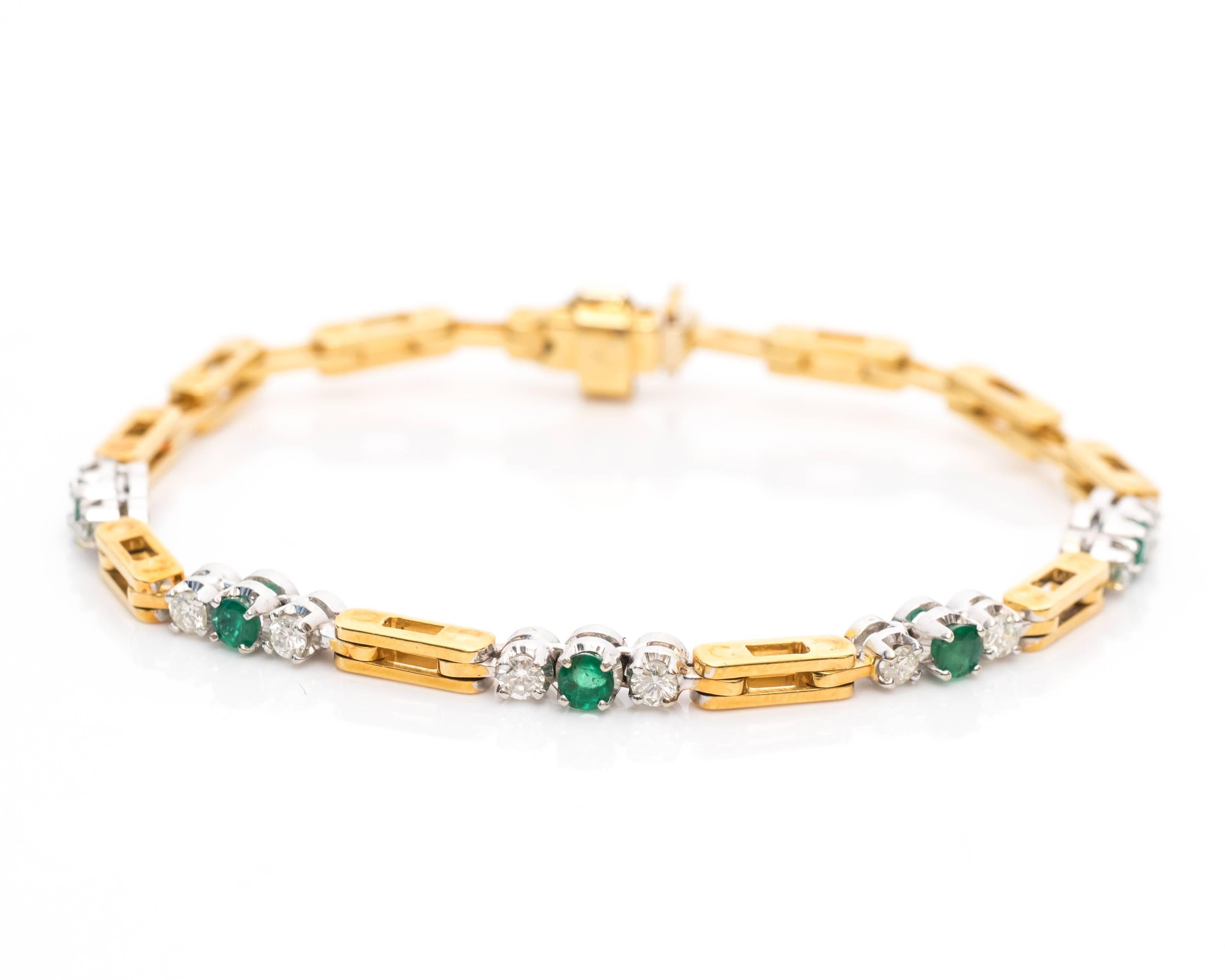 Gorgeous Bracelet from 1950s featuring Stunning Diamonds and Colombian Emeralds. Each Emerald is bordered by a Diamond. This pattern continues for five rows, featuring five emeralds and ten diamonds. The Yellow Gold also alternates within this