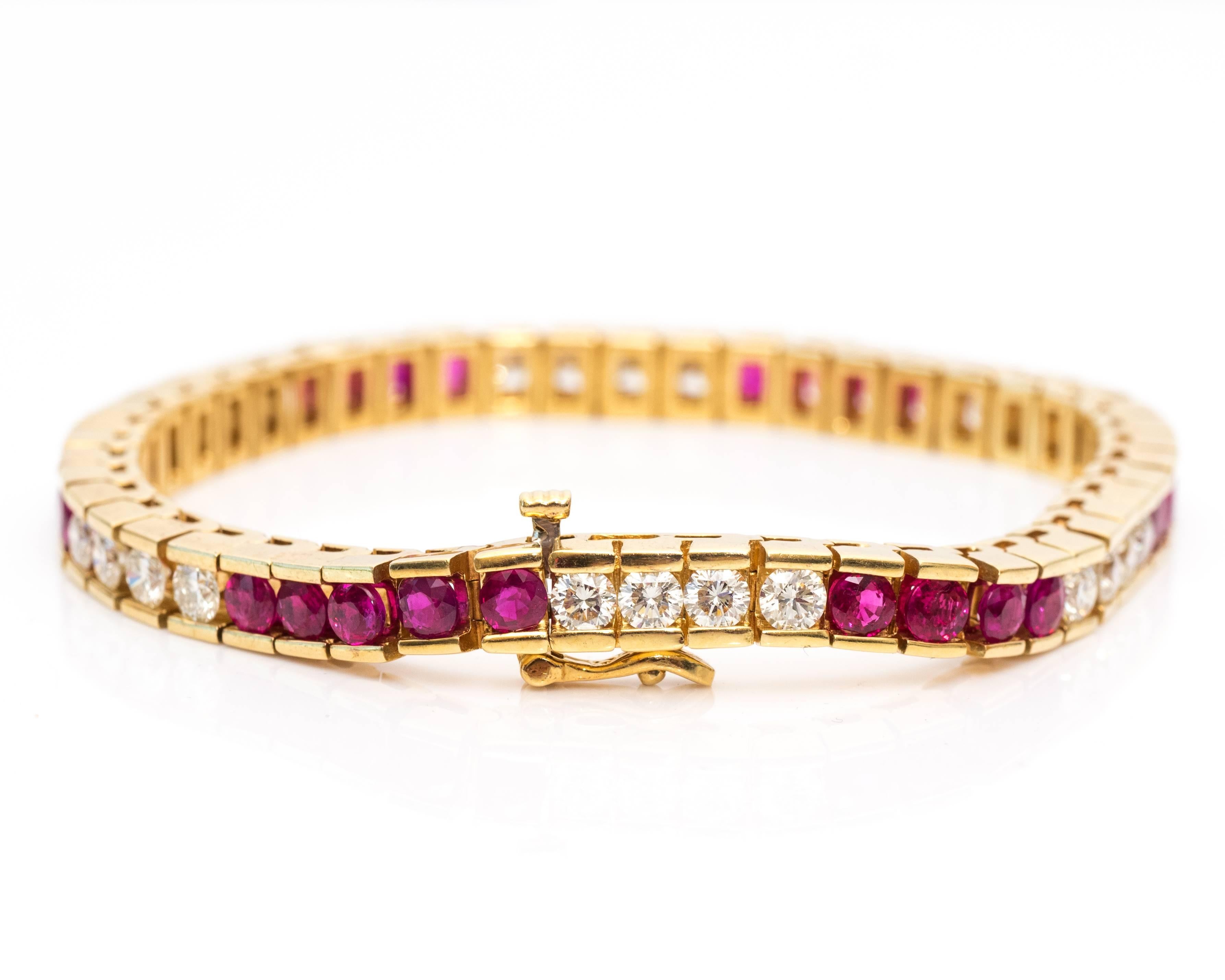 18 Karat Yellow Gold with 
3.5 carats total weight of Diamonds, G color, VS clarity
4 carats of Rubies, Natural
Fits 7 inch wrist size
Diamonds and Ruby are in an alternating pattern
