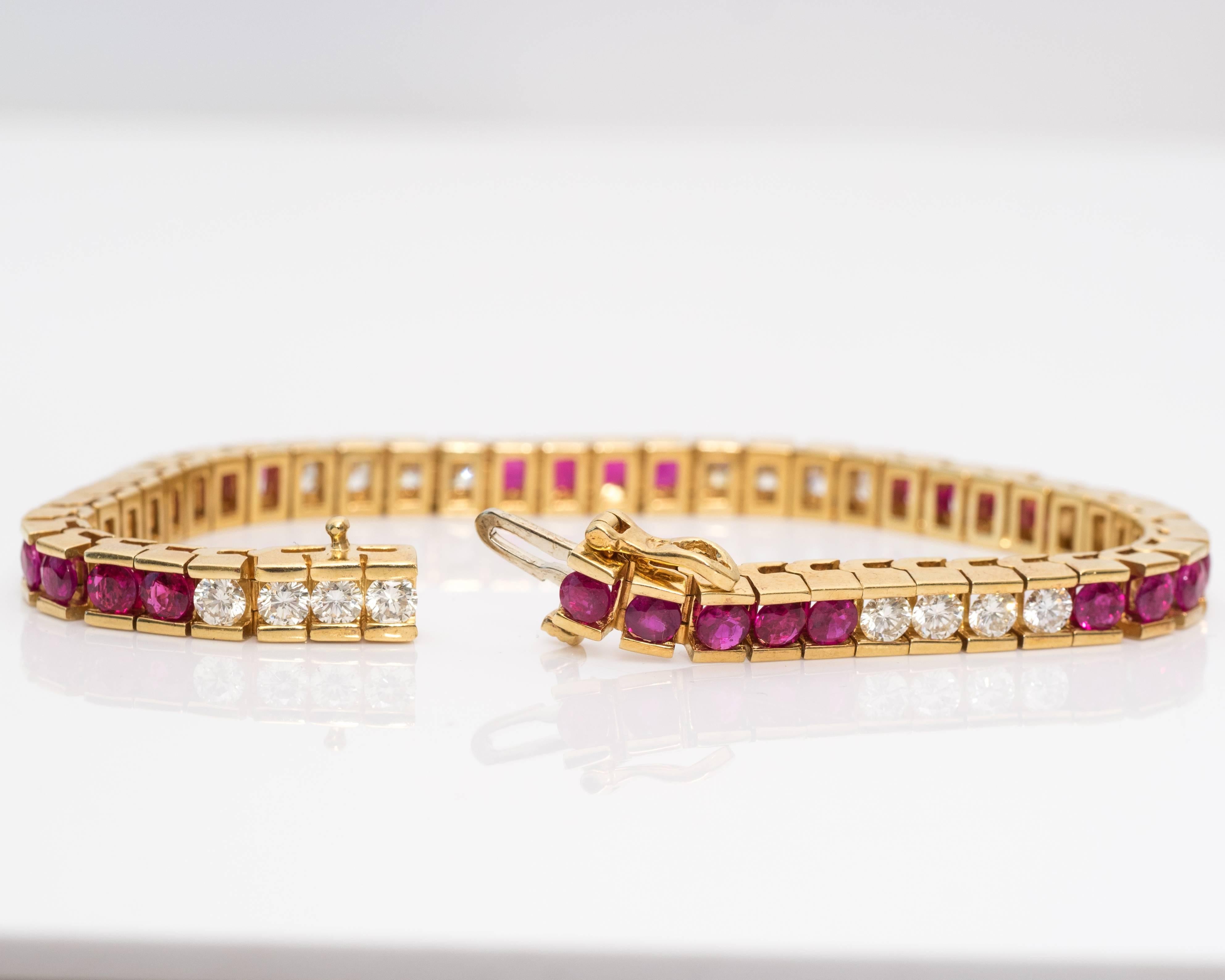 Women's 1980s Ruby, , Diamond and 18 Karat Yellow Gold Bracelet 