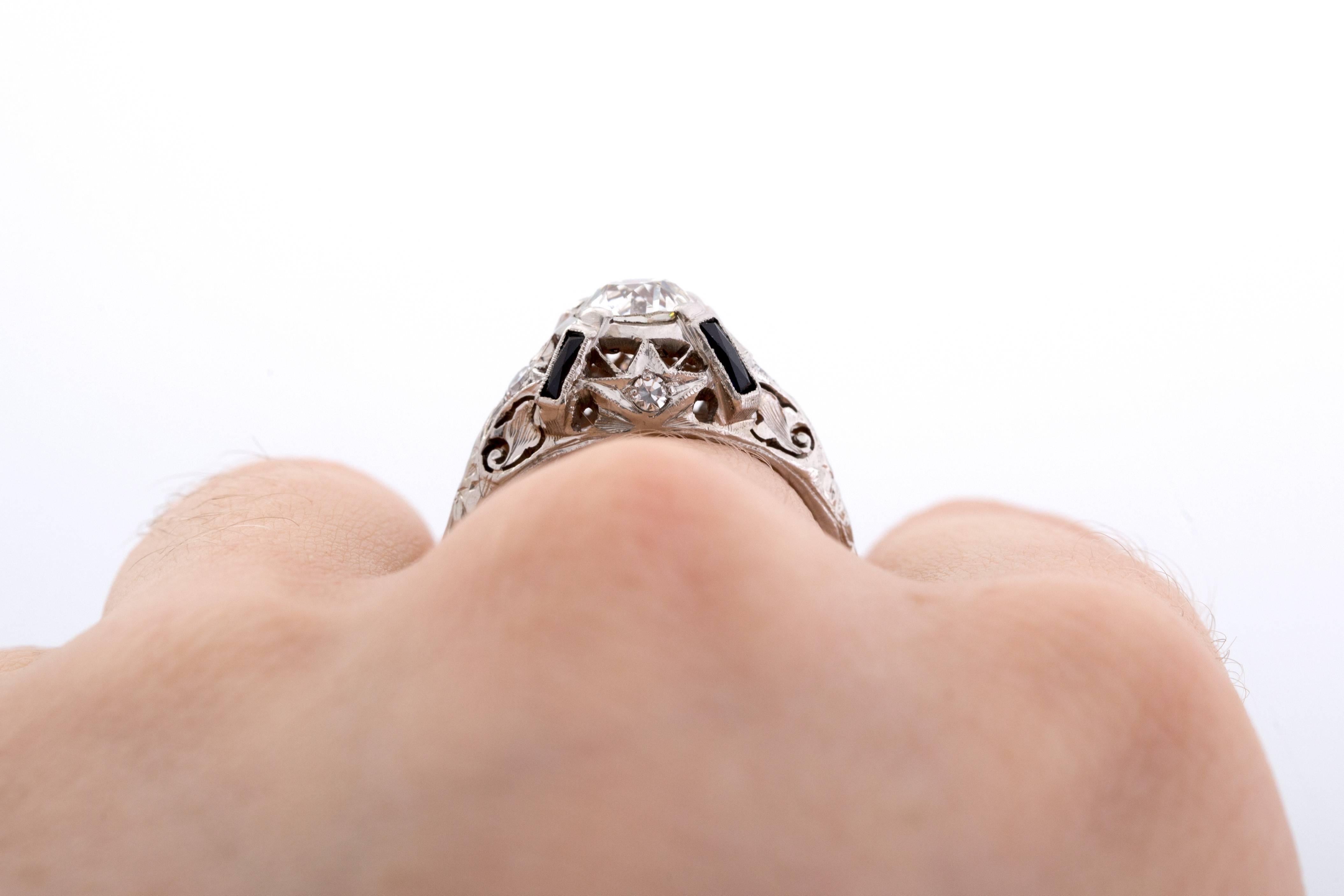 1925 Art Deco Platinum 1.00 Carat Diamond Engagement Ring with Natural Sapphires For Sale 4