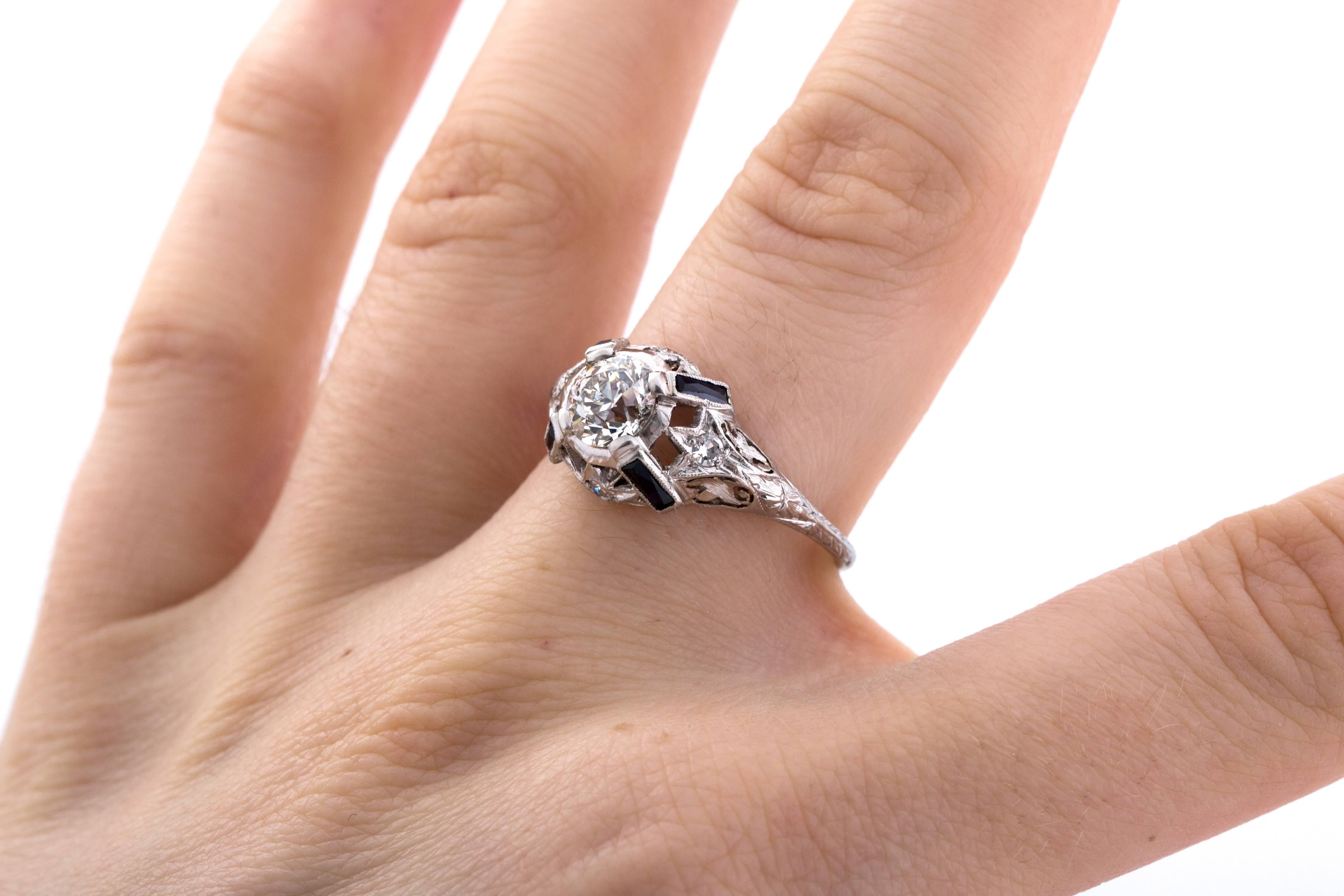 1925 Art Deco Platinum 1.00 Carat Diamond Engagement Ring with Natural Sapphires For Sale 3