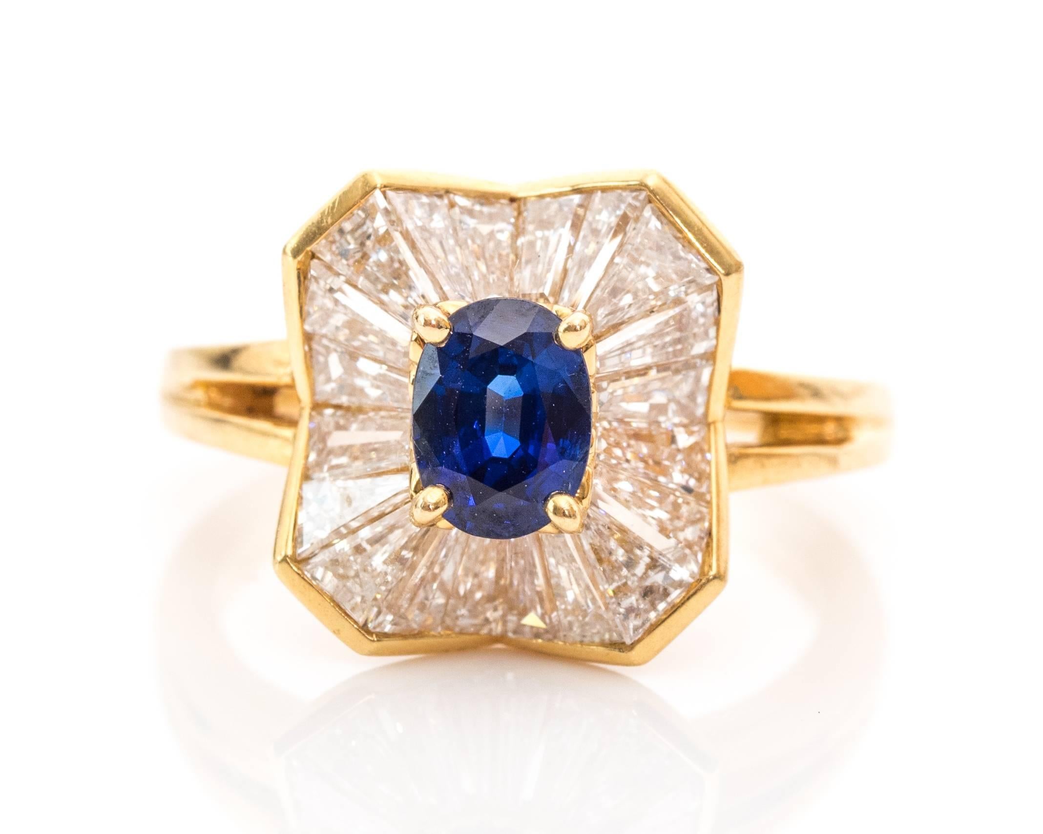 Baguette Cut 1990s 1.85 Carat Oscar Heyman Diamonds Blue Sapphire Yellow Gold Ring