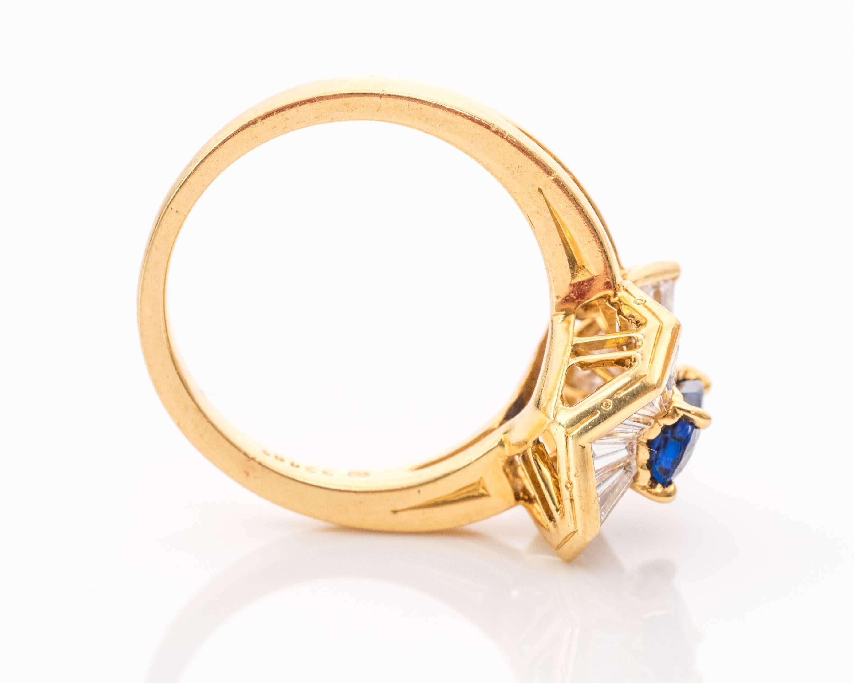 1990s 1.85 Carat Oscar Heyman Diamonds Blue Sapphire Yellow Gold Ring In Good Condition In Atlanta, GA