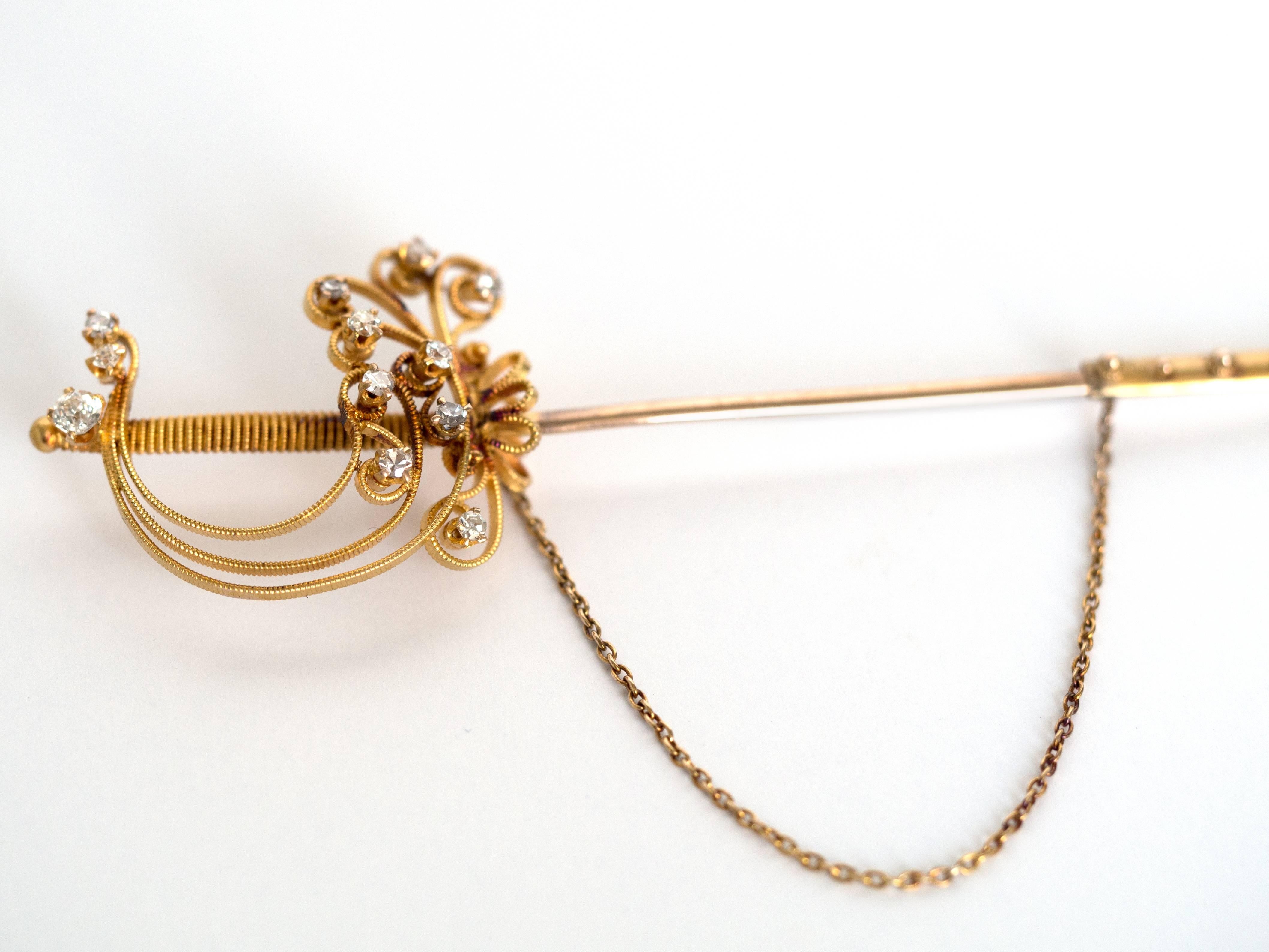 1870s Victorian .50 Carat Diamond Yellow Gold Sword Pin 1