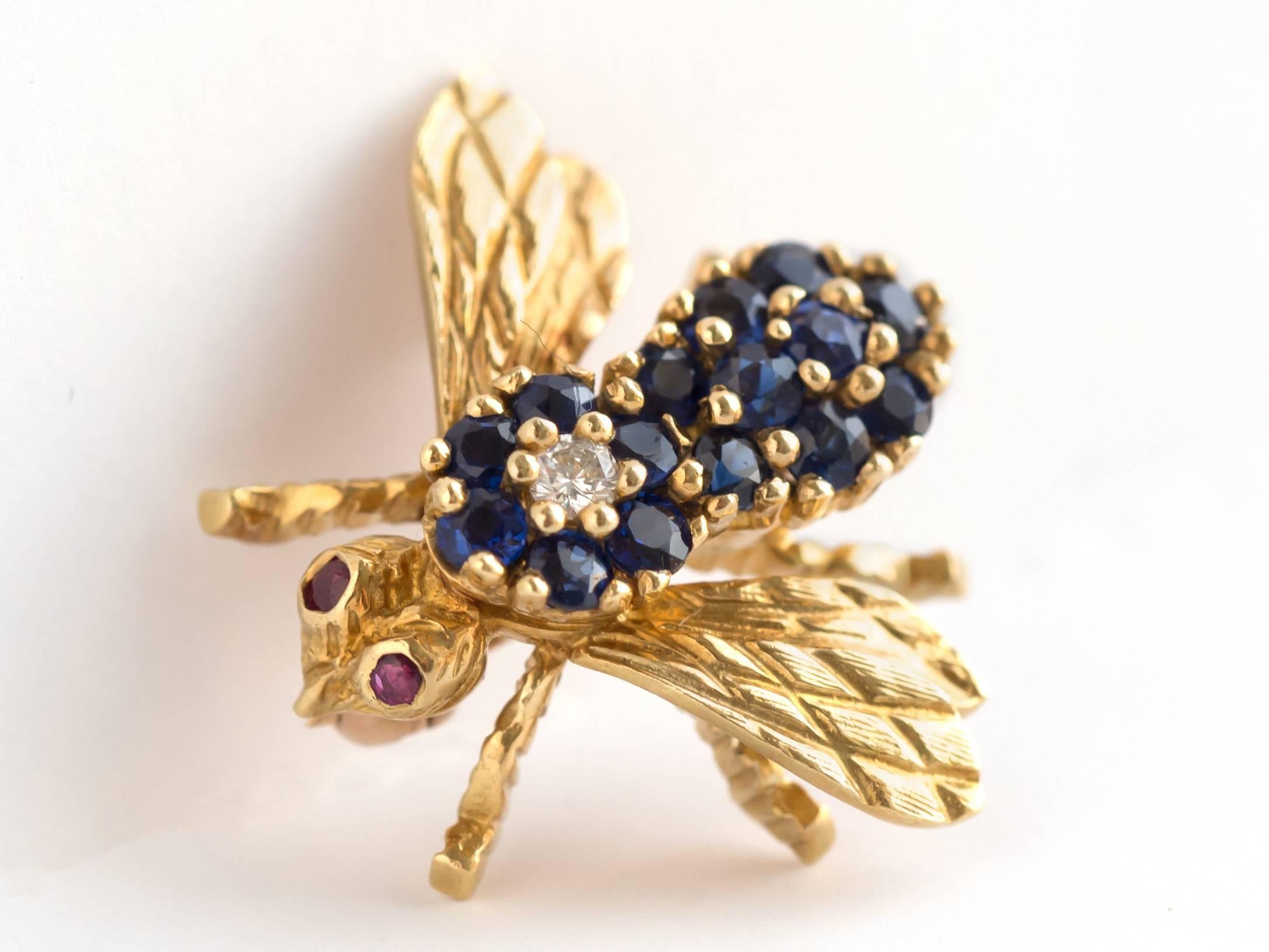 1970s Herbert Rosenthal Sapphire Ruby Diamond Gold Bee Pin 1