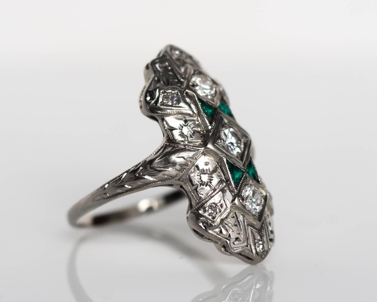1930s Art Deco Emerald Diamond White Gold Cocktail Ring In Excellent Condition In Atlanta, GA