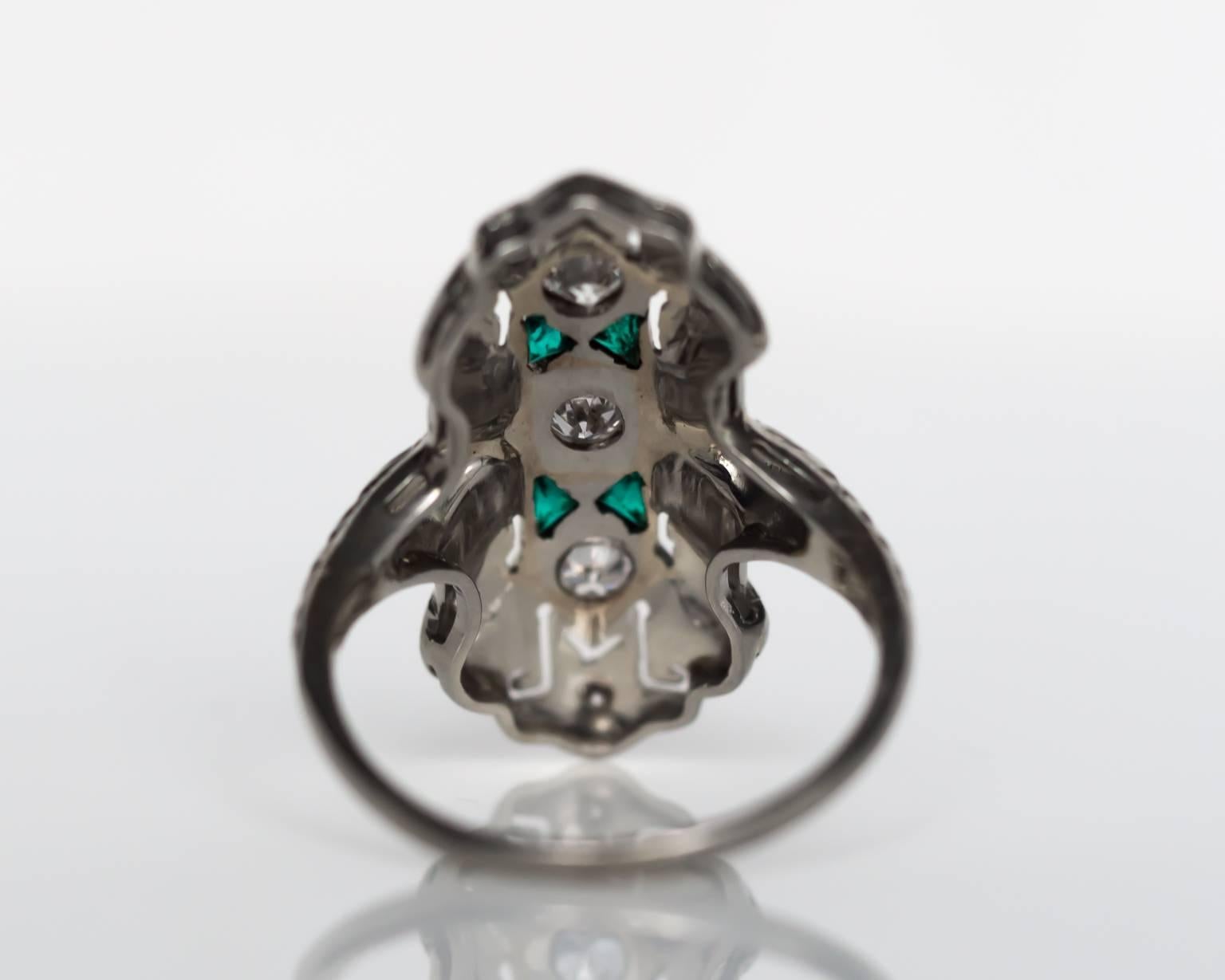 Women's 1930s Art Deco Emerald Diamond White Gold Cocktail Ring