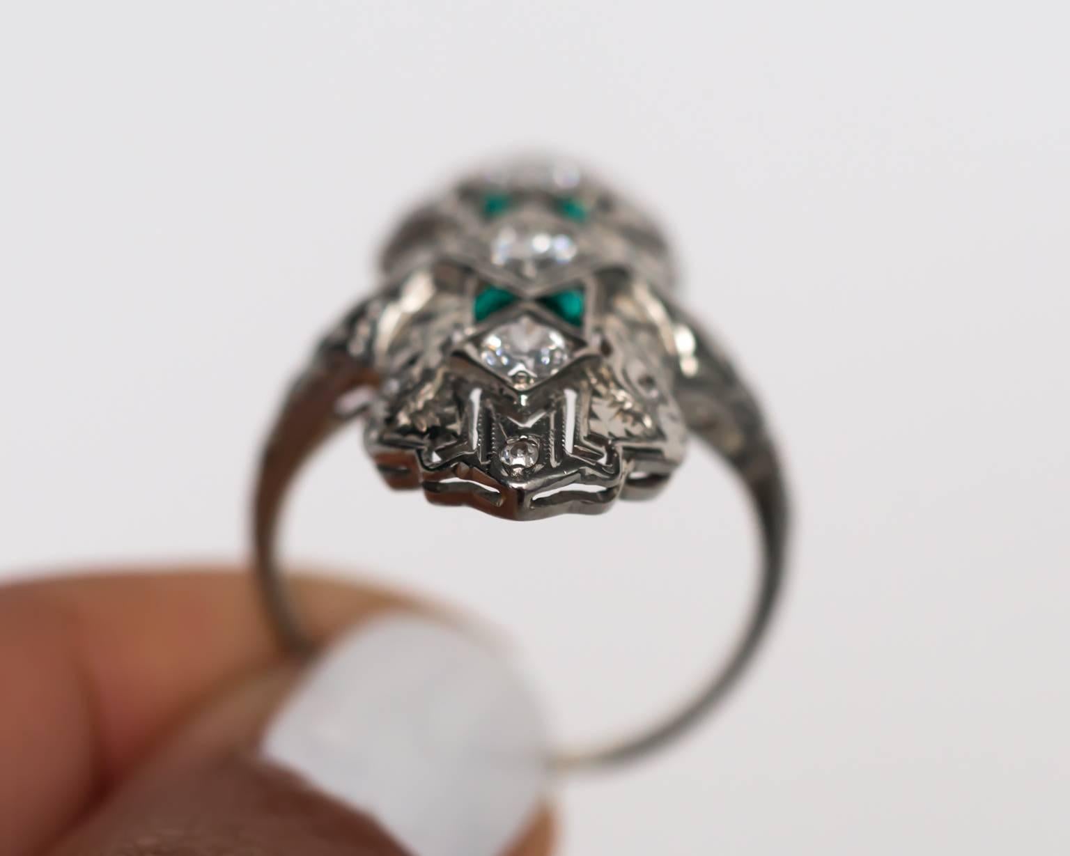 1930s Art Deco Emerald Diamond White Gold Cocktail Ring 4