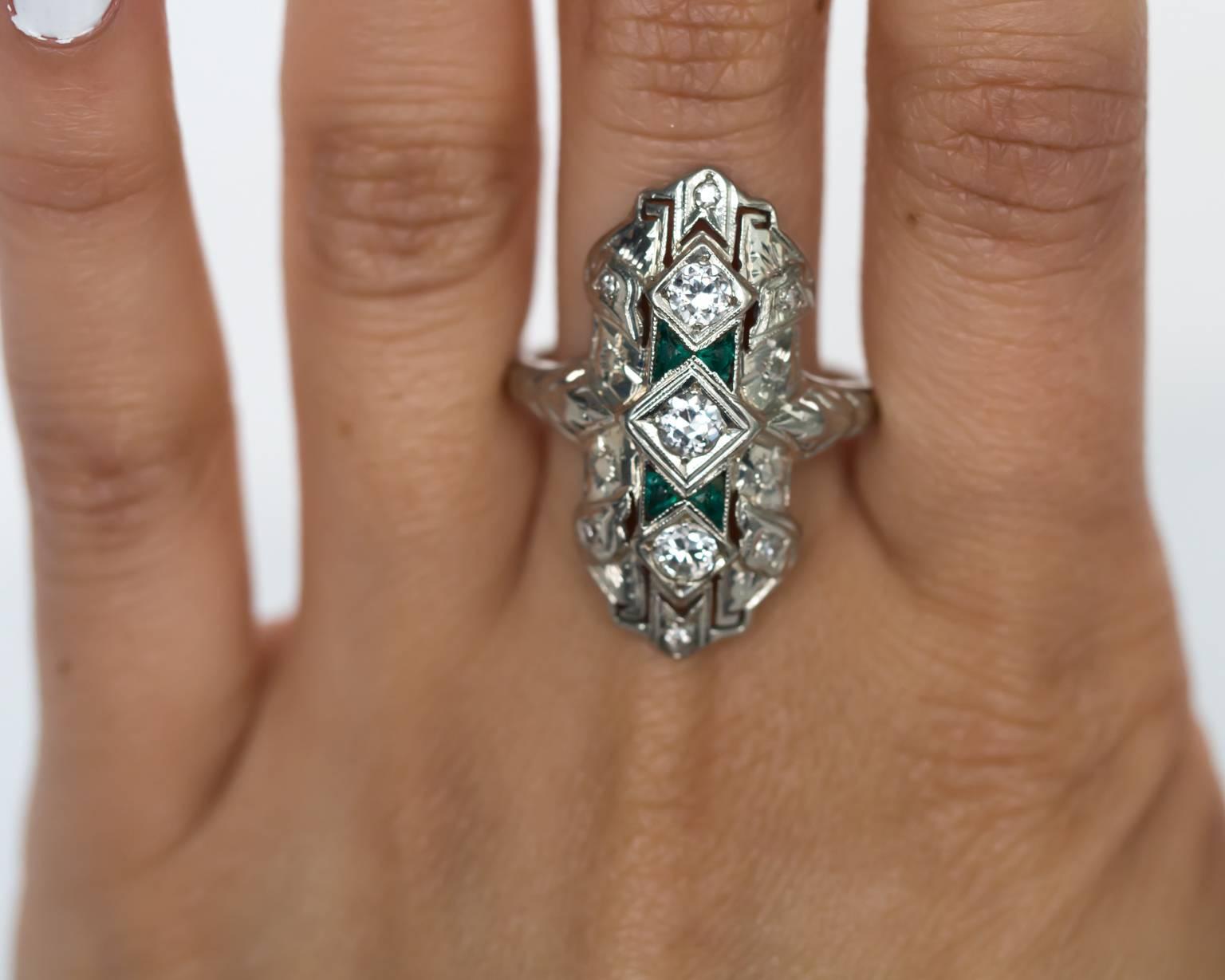 1930s Art Deco Emerald Diamond White Gold Cocktail Ring 1
