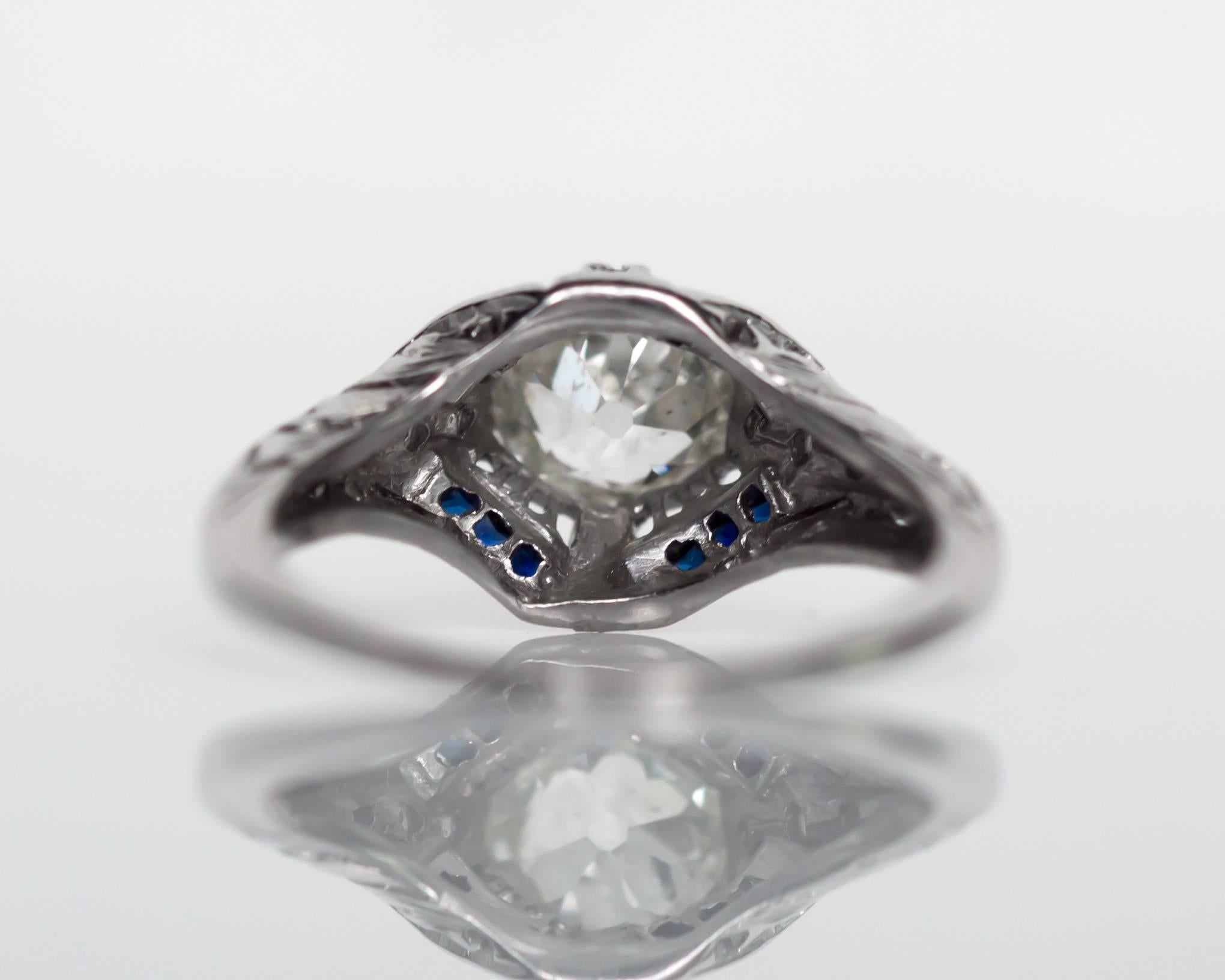 1920s Art Deco Platinum .87 Carat Old European Cut Diamond Engagement Ring In Excellent Condition In Atlanta, GA
