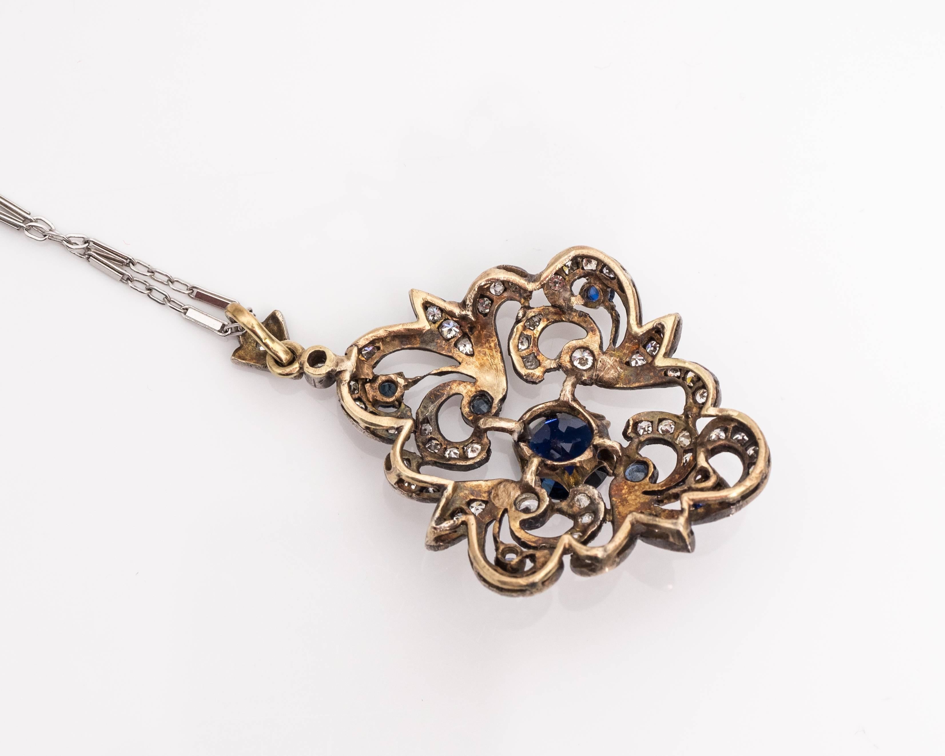 Women's 1890s Sapphire Diamond Sterling Silver Yellow Gold Pendant For Sale