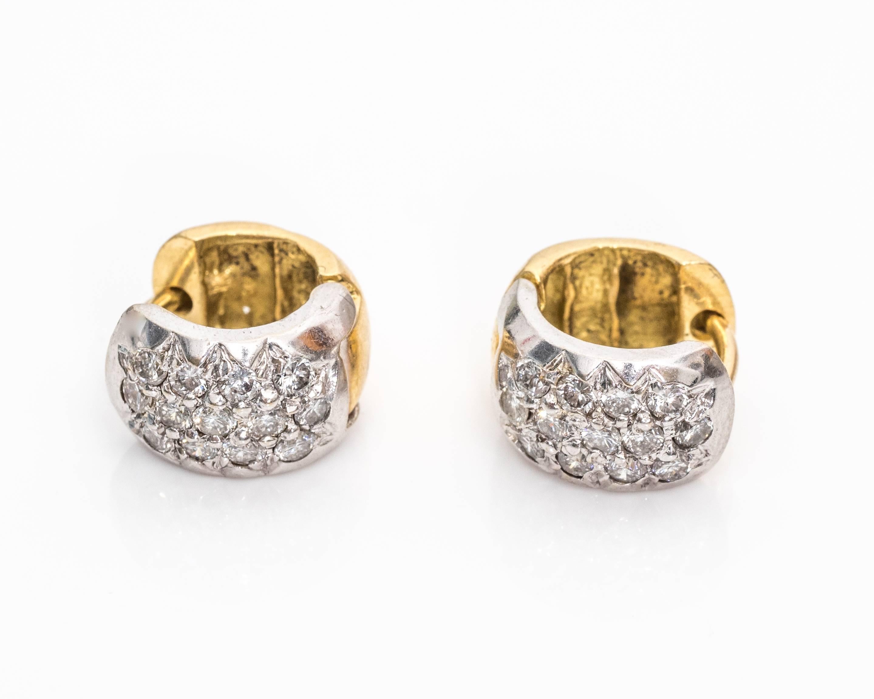 The silver and gold color palette looks gorgeous on these gold earrings! 
Crafted in quality 18 Karat Gold 
Diamonds are G color and VS clarity diamonds and equal to approximately half a carat in weight!
Diamonds are inlayed along the side of the