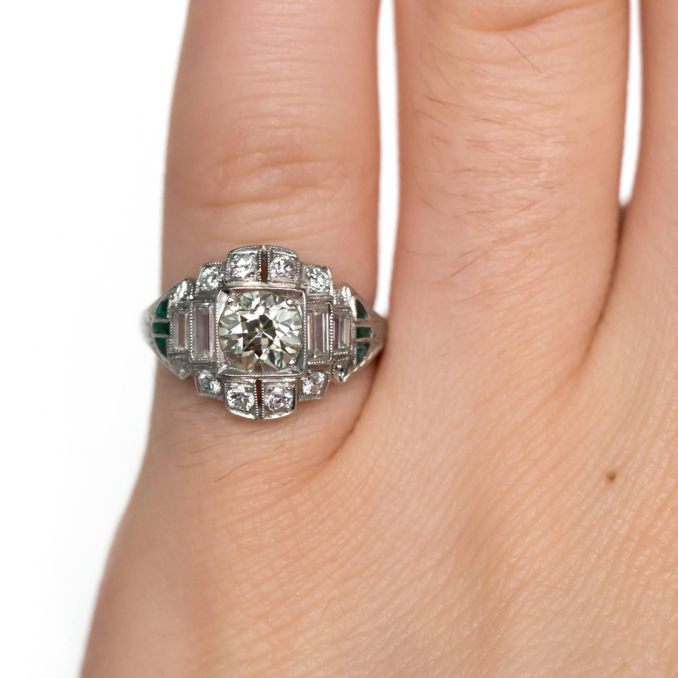 1920s Art Deco Diamond Emerald Platinum Engagement Ring  2