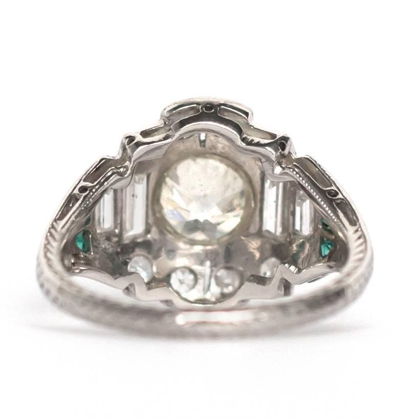 1920s Art Deco Diamond Emerald Platinum Engagement Ring  1