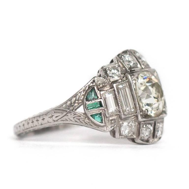 1920s Art Deco Diamond Emerald Platinum Engagement Ring at 1stDibs