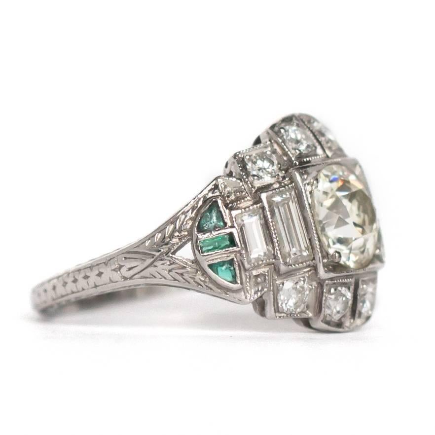 1920s Art Deco Diamond Emerald Platinum Engagement Ring  In Excellent Condition In Atlanta, GA