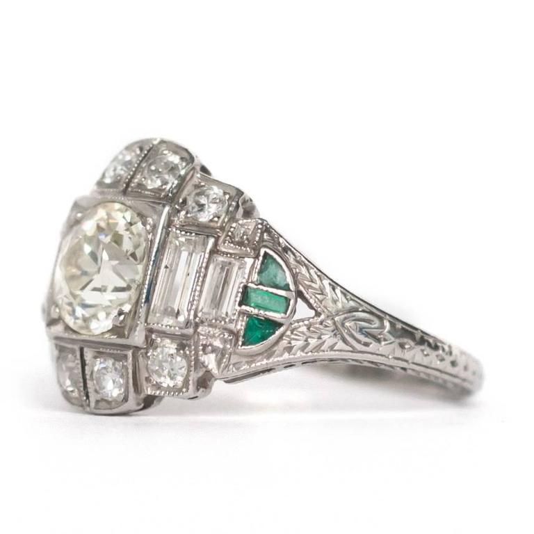 1920s Art Deco Diamond Emerald Platinum Engagement Ring at 1stDibs