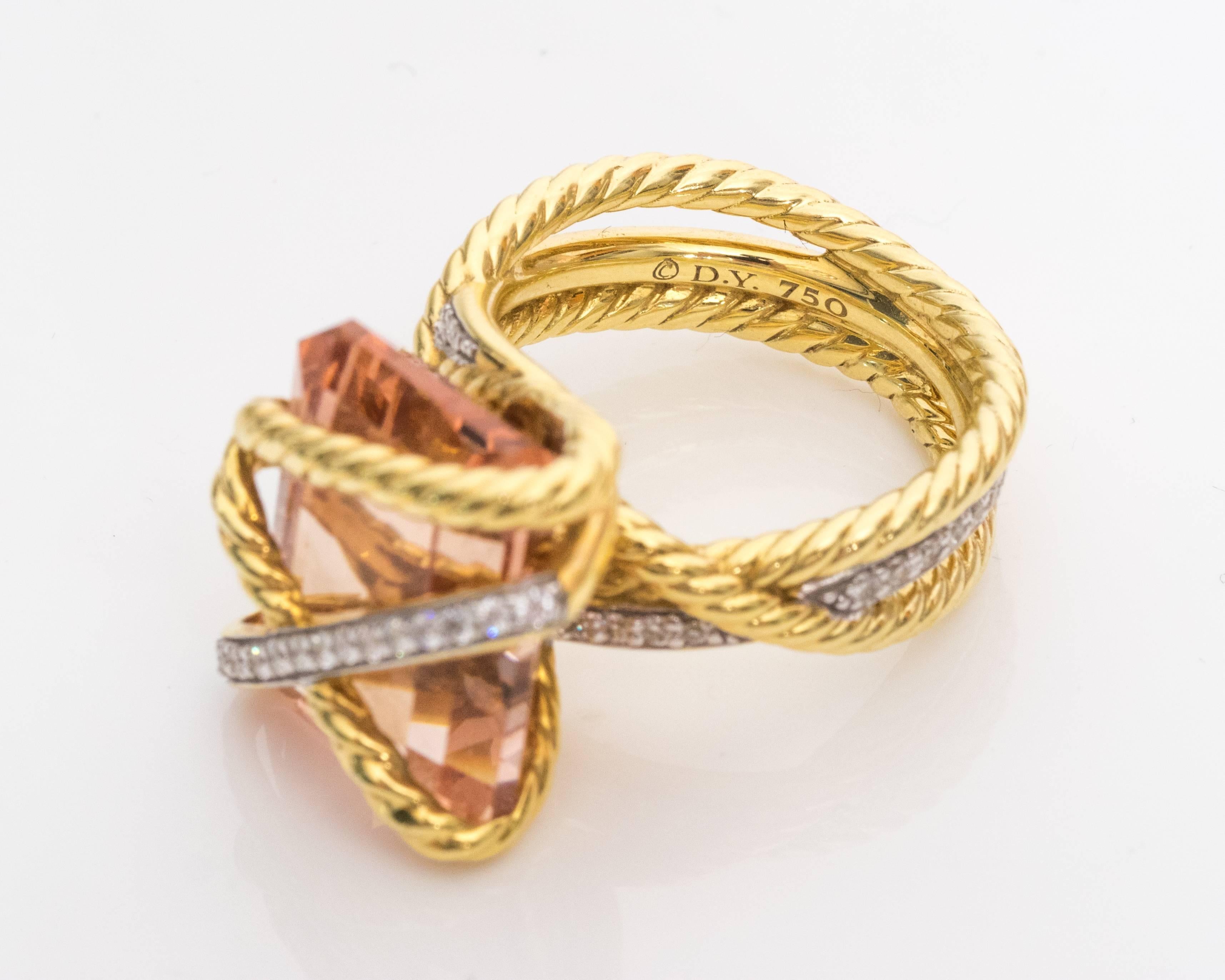 David Yurman Morganite Diamonds Gold Cable Wrap Ring In Good Condition In Hicksville, NY