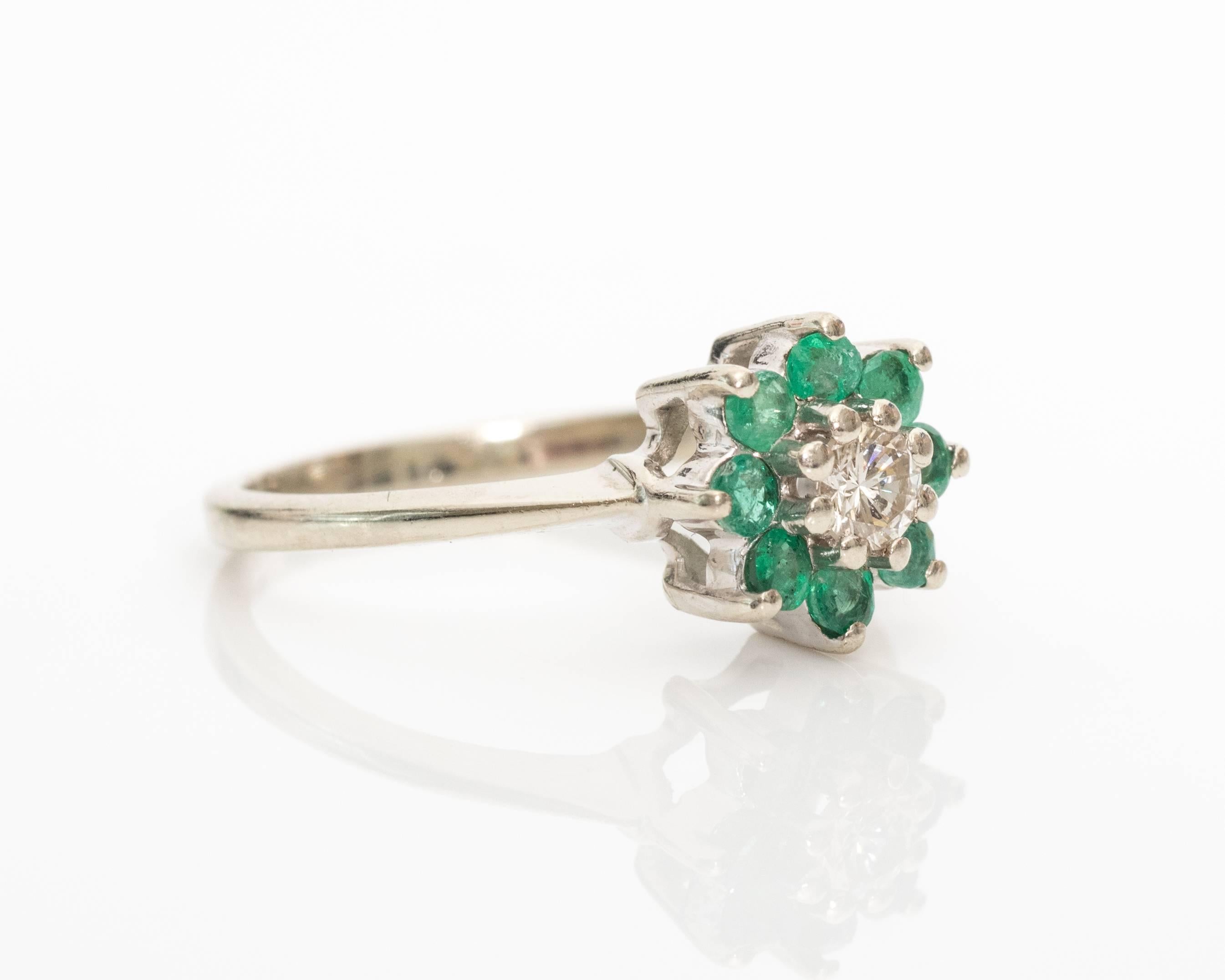 Still in prime condition, this ring shines brightly with vivid green emeralds and a centerpiece diamond. The eight emeralds are held together with eight prongs around the frame. The diamond is slightly elevated above the emeralds with an eight-prong
