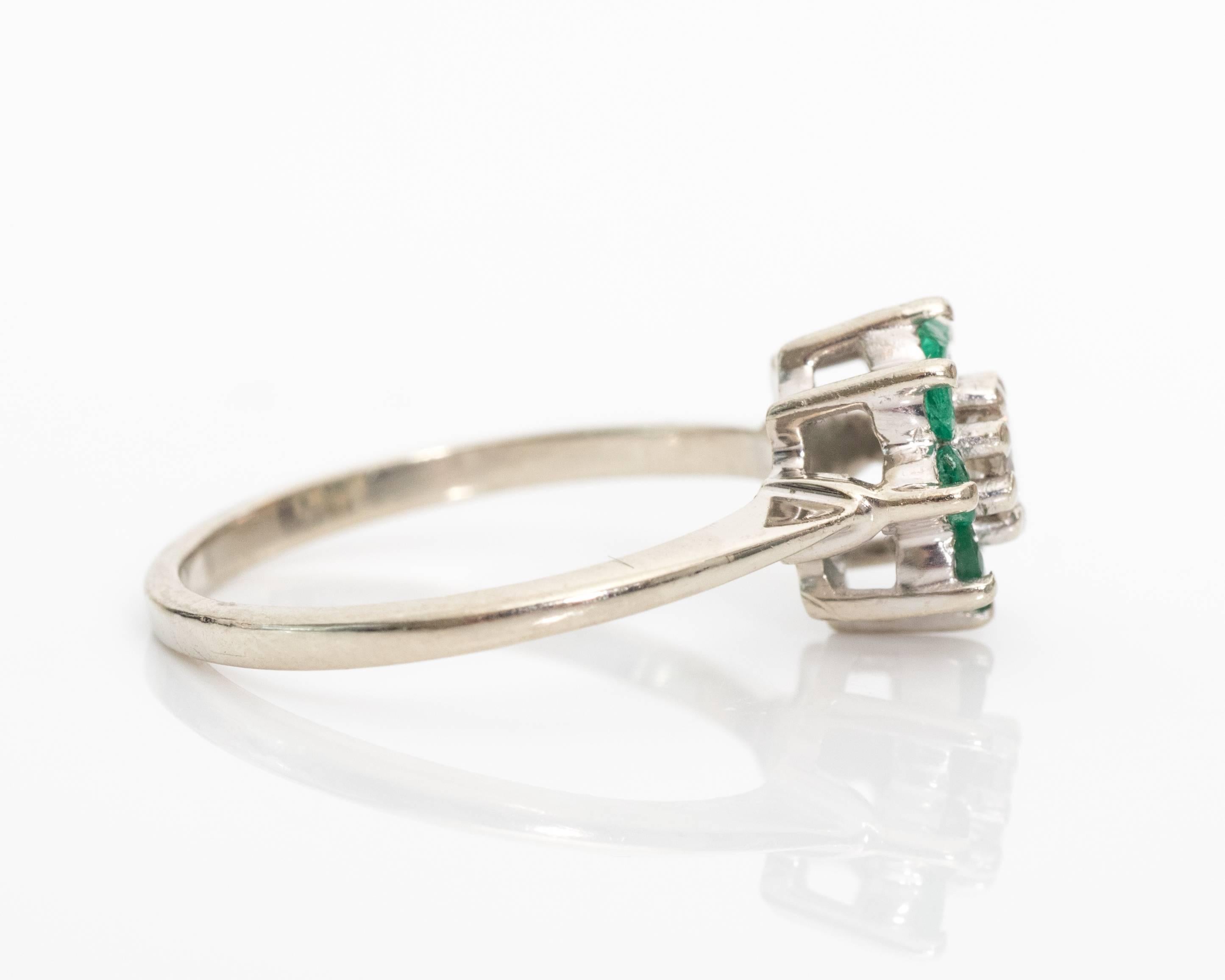 Retro 1950s Floral Emerald Diamond White Gold Ring
