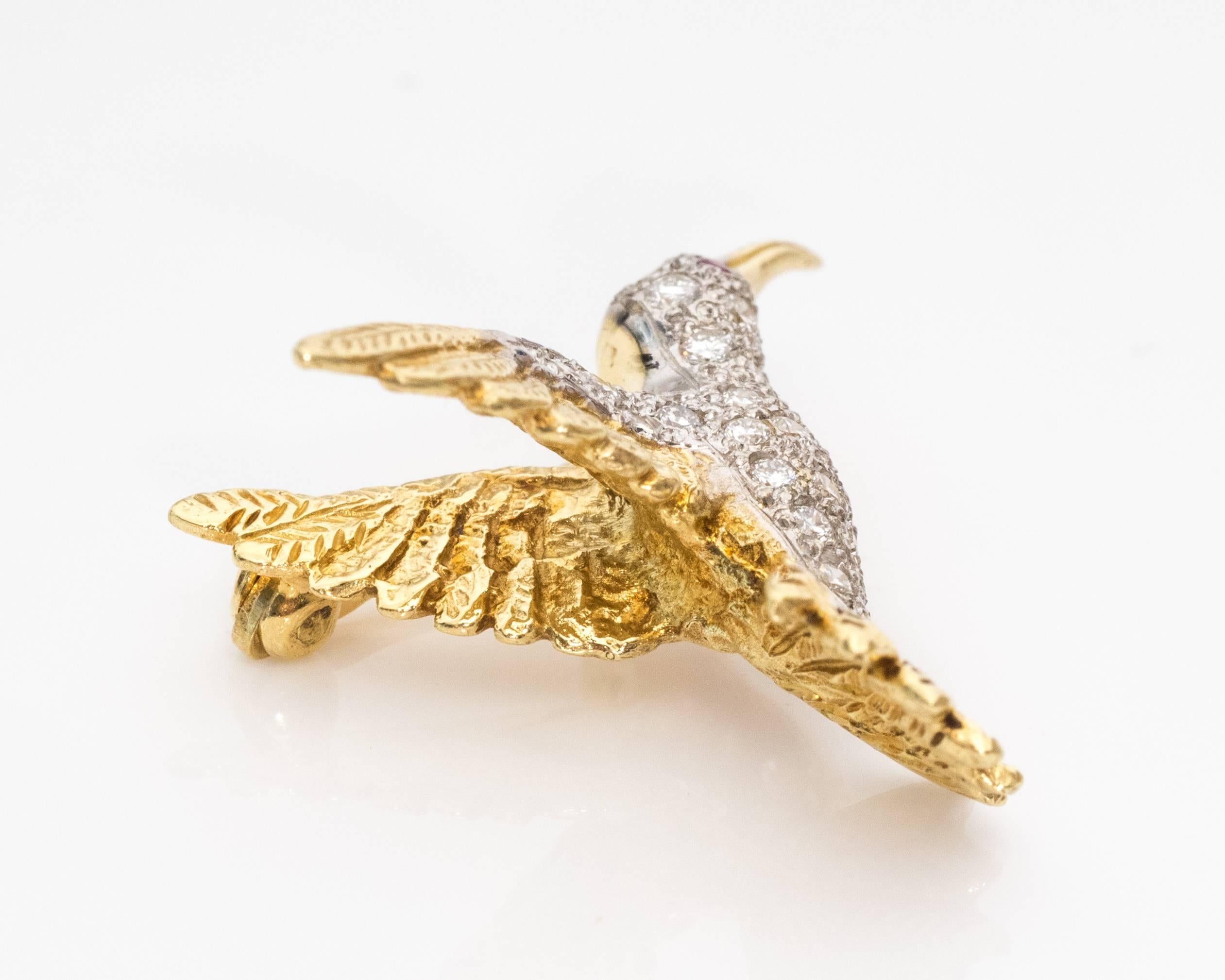 Retro  Hummingbird Brooch with Yellow Gold, Diamonds, Ruby