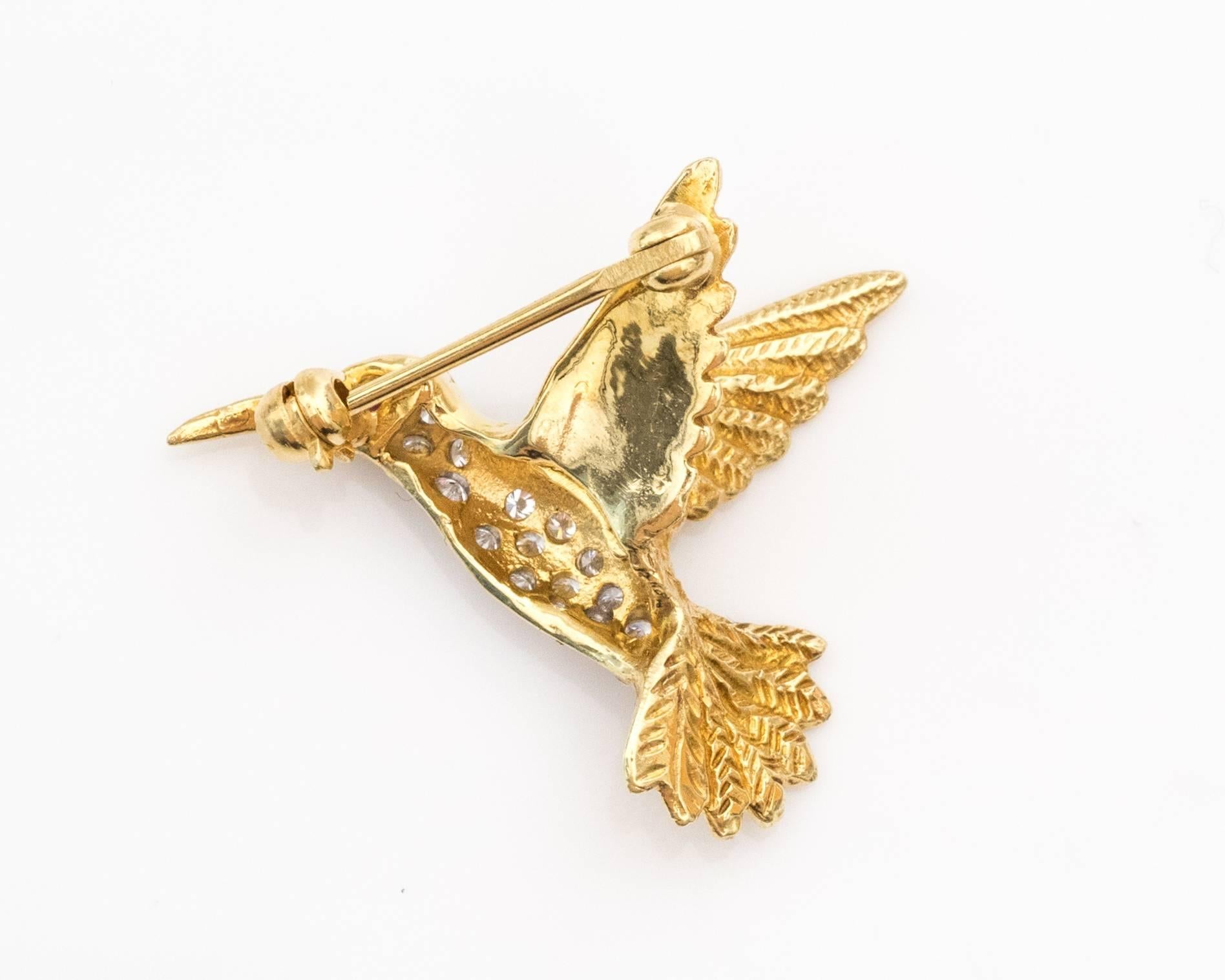  Hummingbird Brooch with Yellow Gold, Diamonds, Ruby In Good Condition In Atlanta, GA