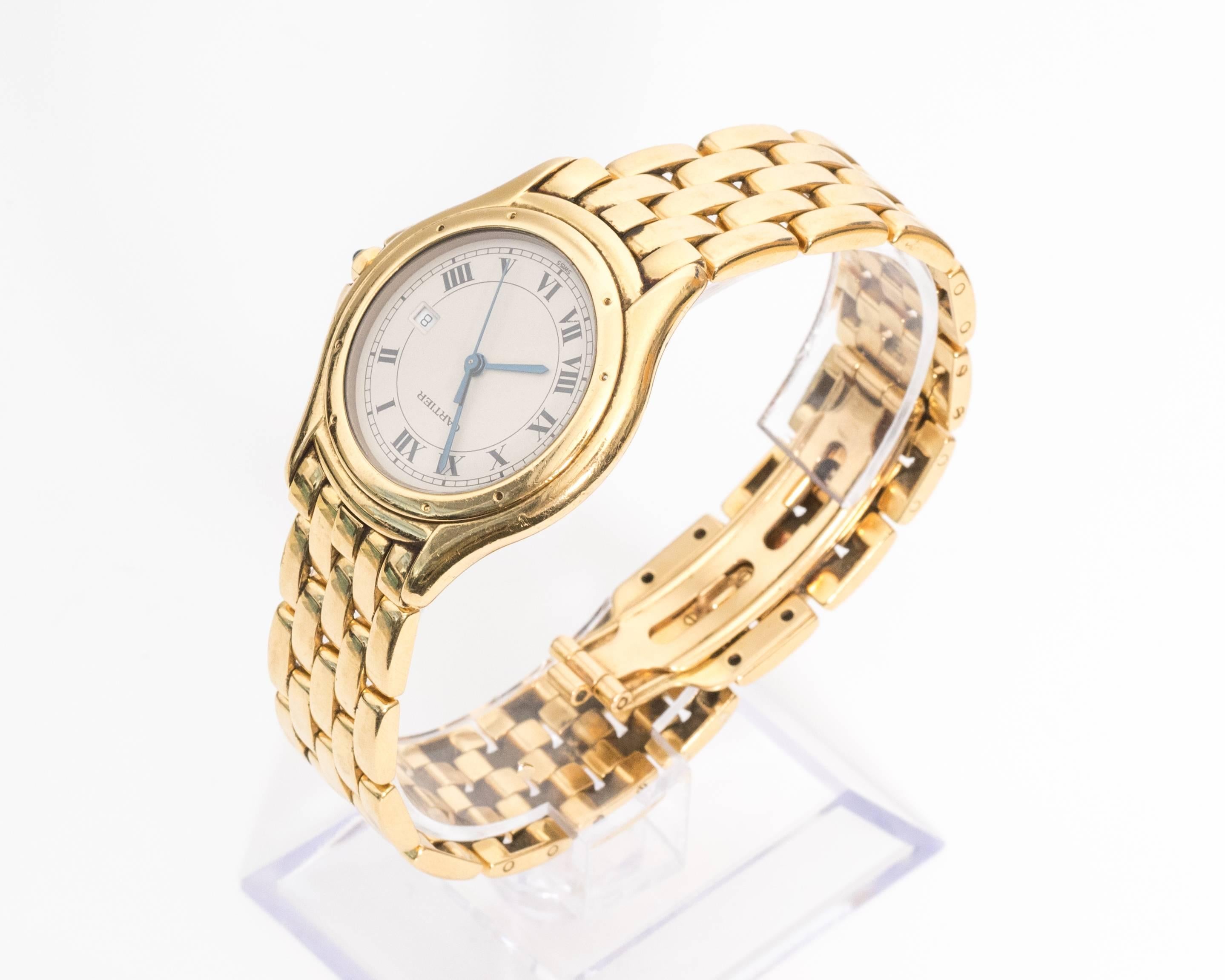 1980s Cartier Cougar Wrist watch
Unisex
18 Karat Yellow Gold
Features Rice Link Bracelet with Butterfly Deployment Clasp
Fits up to 8.5 inch wrist 

Additional Features:
Round 32 millimeter by 36 millimeter case
Rounded Stepped Bezel Secured by