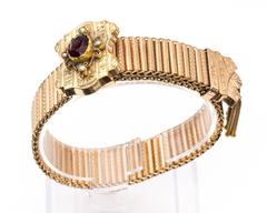 1890s Victorian Seed Pearl Simulated Garnet Rolled Gold Bracelet