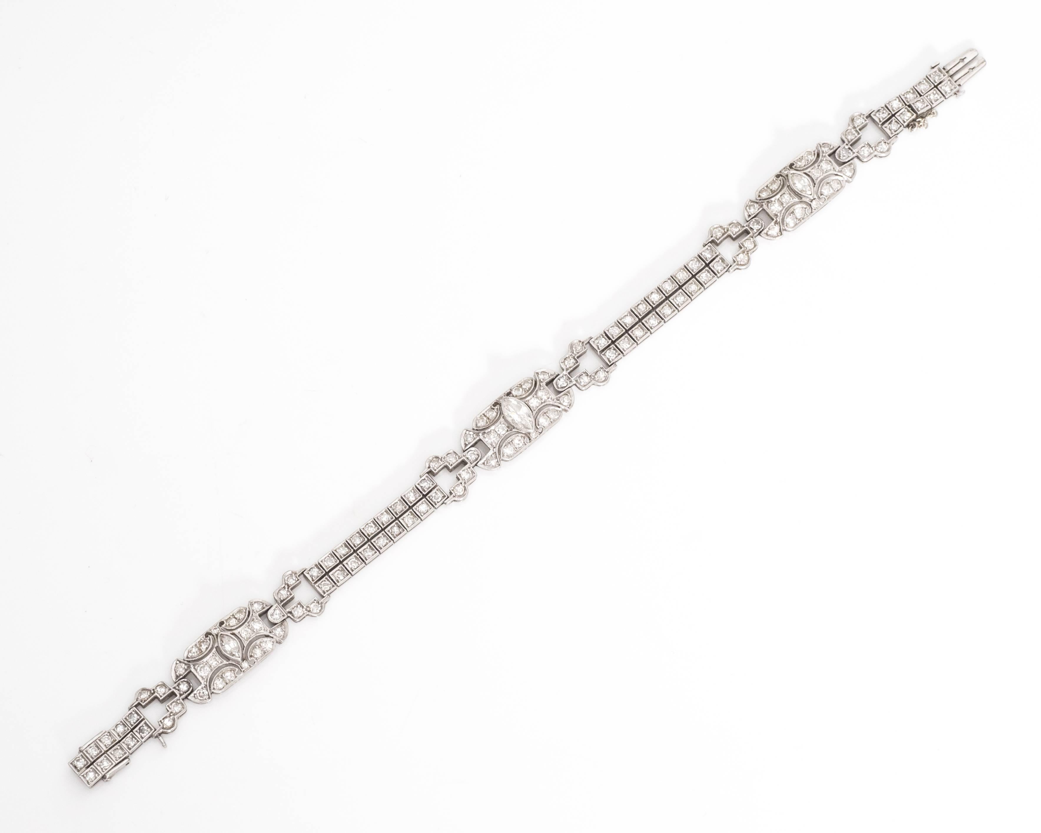 Antique 1905 Art Nouveau 3.5 Carat Diamond Platinum Bracelet features 3.5 carat total weight of marquise and single cut diamonds. 
The diamonds are inlayed between milgrain frames. The handcrafted frames have a symmetrical style with three larger