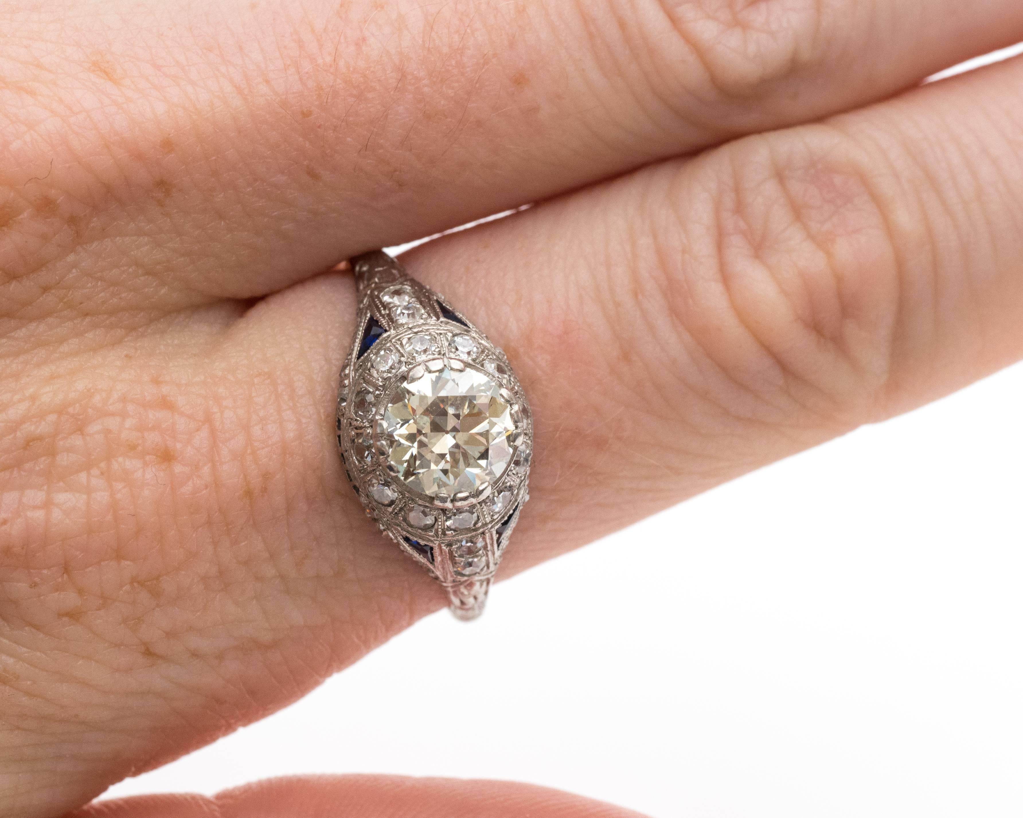 1900s Art Nouveau 1.35 Carat Diamond, Sapphire and Platinum Ring In Good Condition In Atlanta, GA