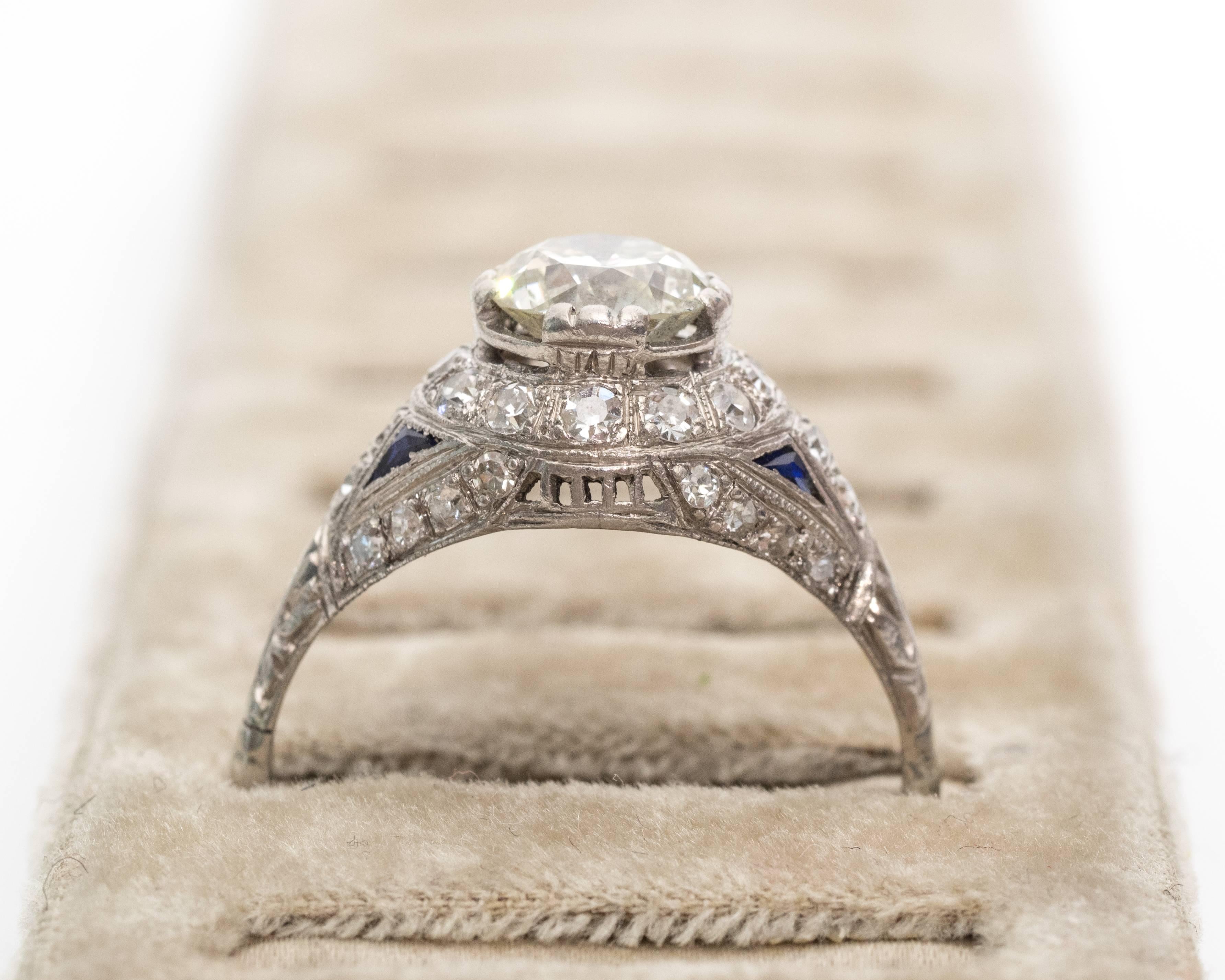 Women's 1900s Art Nouveau 1.35 Carat Diamond, Sapphire and Platinum Ring