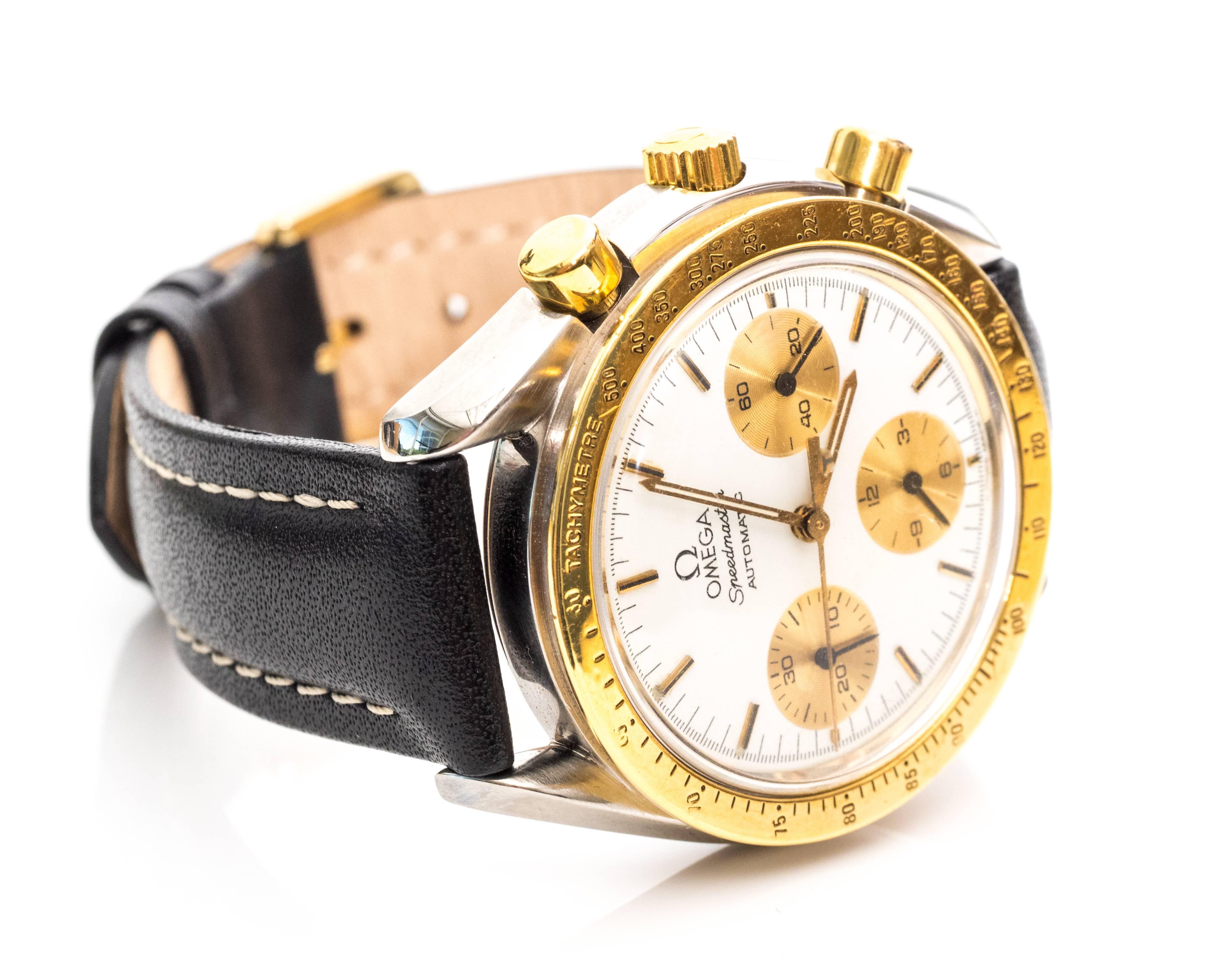 This sophisticated Omega watch is a true masterpiece! You'll be able to tell tell at any speed with its three additional chronograph dials, without having to overlook style. The yellow gold crown, pushers, registers, and hour markets pair well with