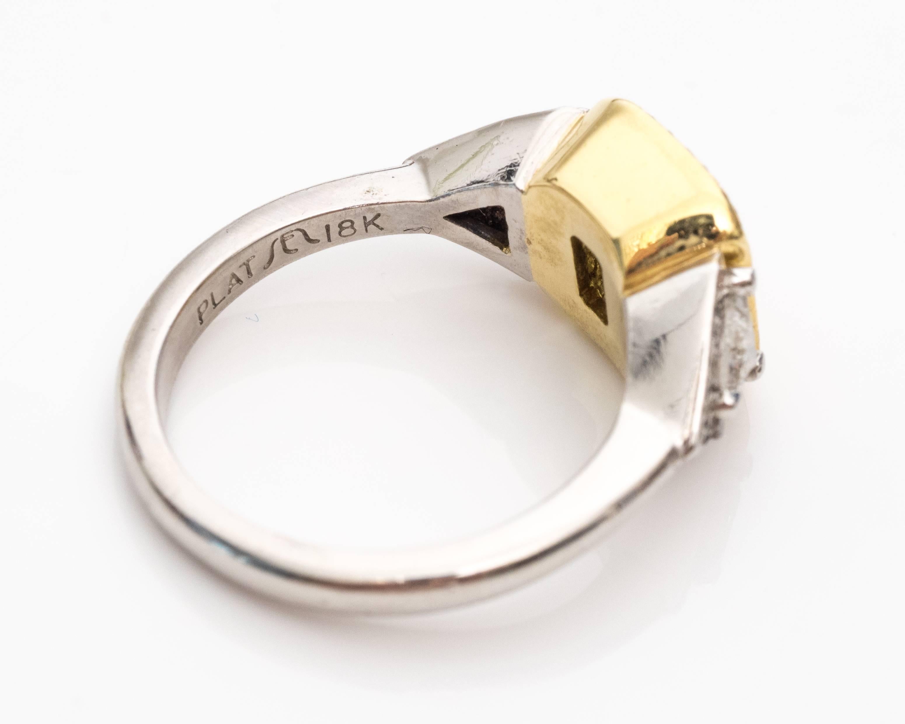 Women's or Men's 1.01 Carat Radiant Cut Fancy Yellow Diamond Platinum Gold Ring