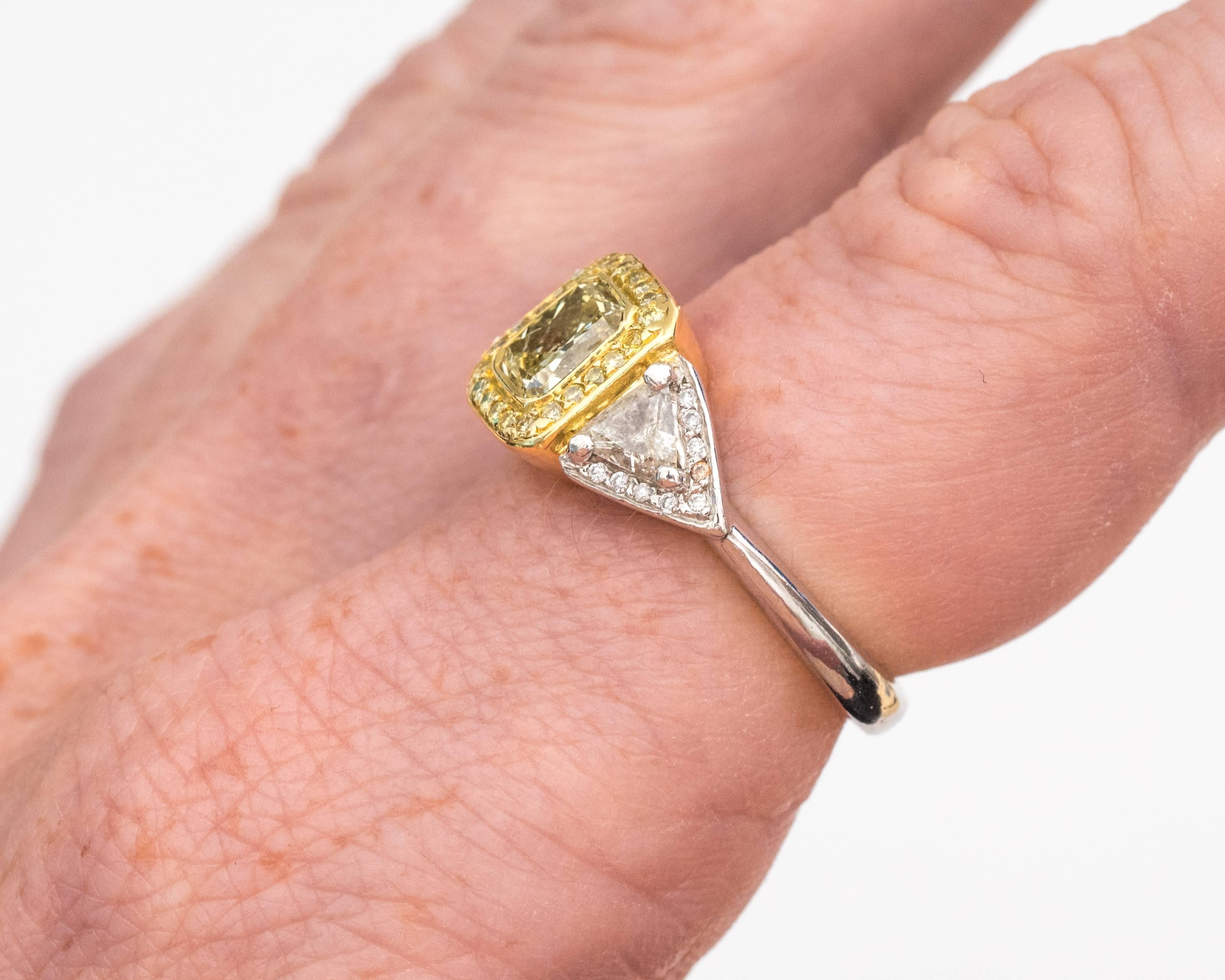 1.01 Carat Radiant Cut Fancy Yellow Diamond Platinum Gold Ring 2