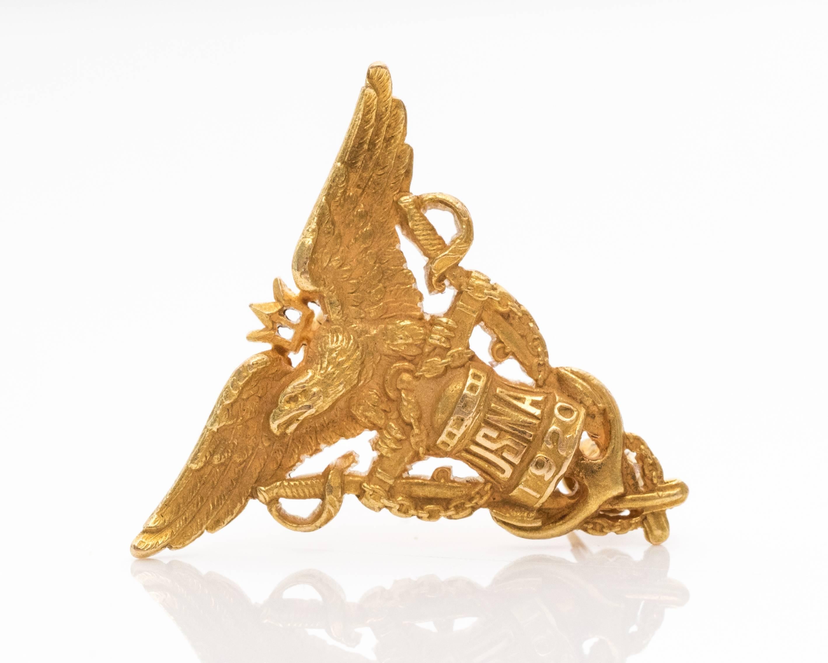This is an authentic US Navy pin from 1920s. The hallmark USNA 1920 is written on the front underneath the eagle. The backside has the original soldier's initials HEP. The pin was sold by the jeweler Bailey Banks and Biddle so the hallmark BB&B 14K