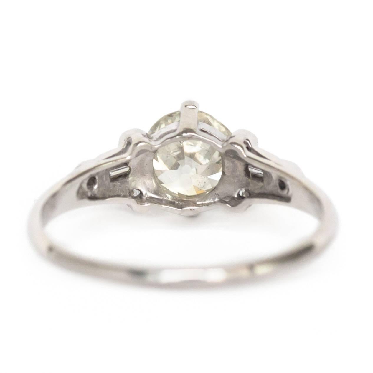 Baguette Cut Edwardian 1.04 Carat Old European Brilliant Cut Diamond Platinum Engagement Ring For Sale