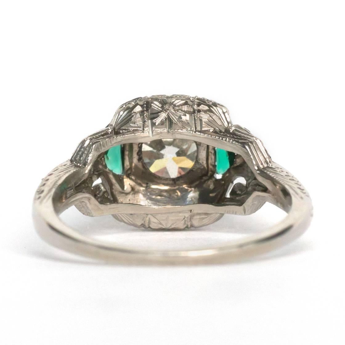 Art Deco GIA Certified Circular Brilliant Emerald Diamond White Gold Engagement Ring For Sale