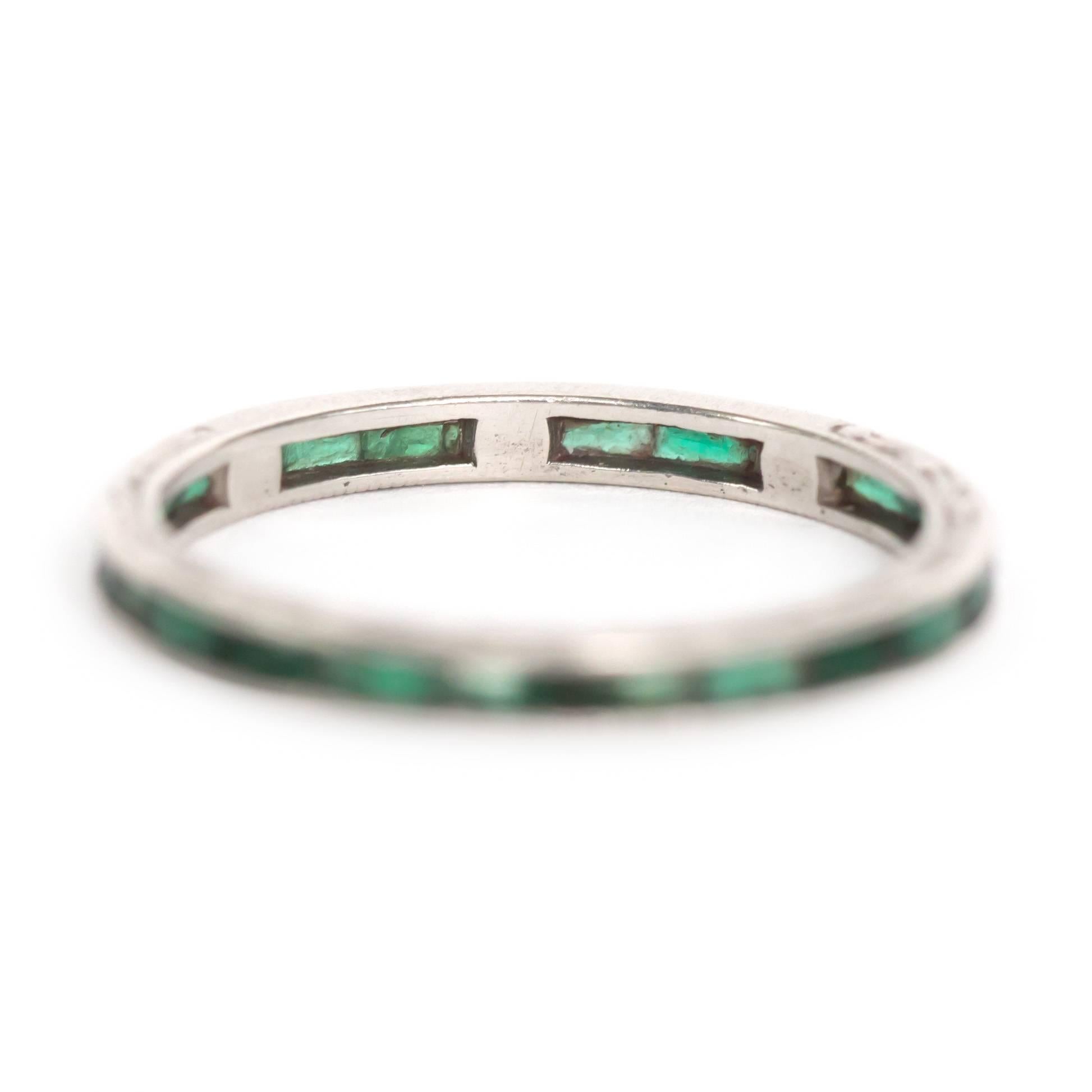 Item Details: 
Ring Size: Approx. 5.25
Metal Type: Platinum
Weight: 1.7 grams

Stone Details
Type: Natural Emerald
Shape: French Cut
Carat Weight: .75 carat, total weight

Finger to Top of Stone Measurement: 1.44mm