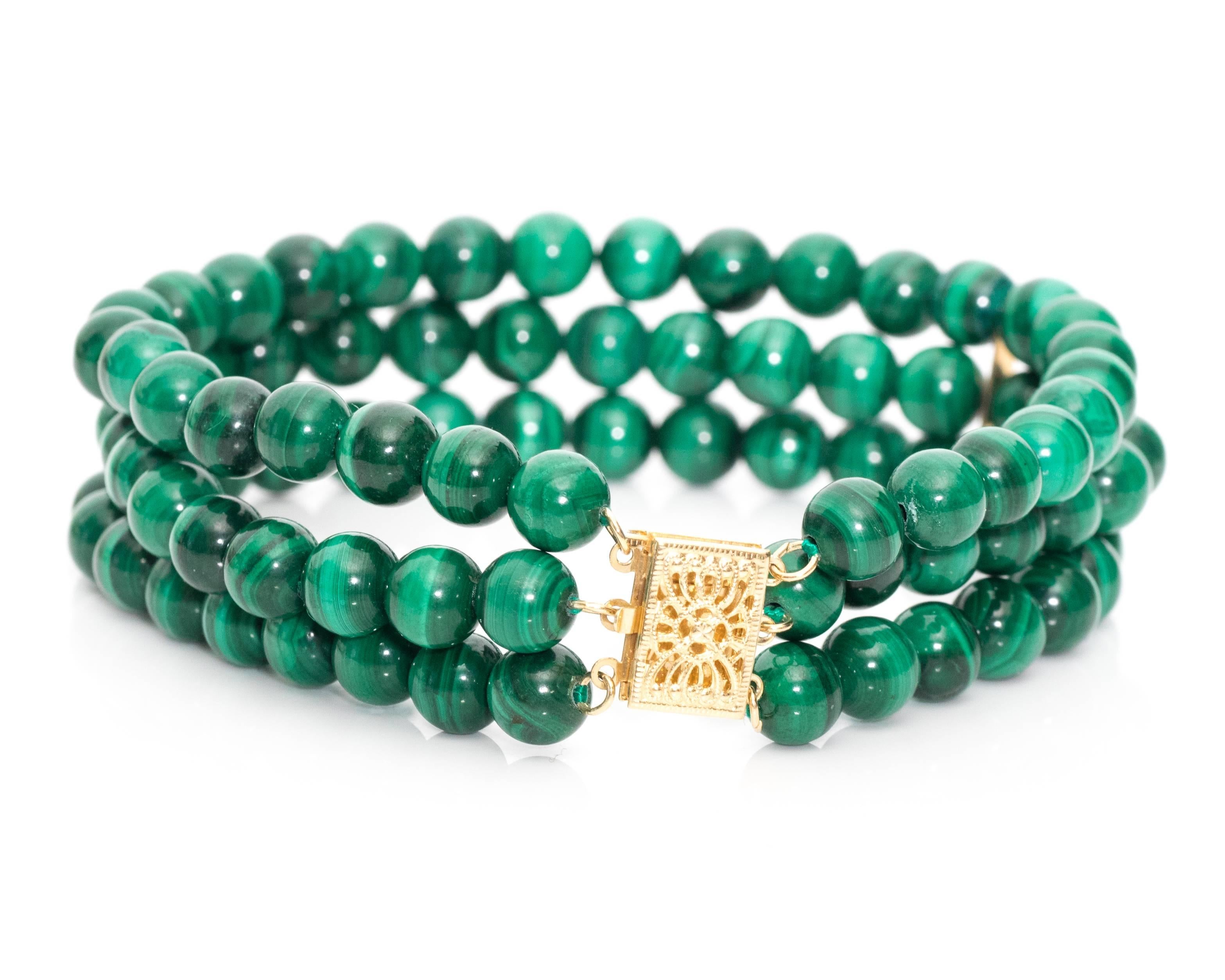 Retro 1950s Malachite and 14 Karat Yellow Gold Bracelet