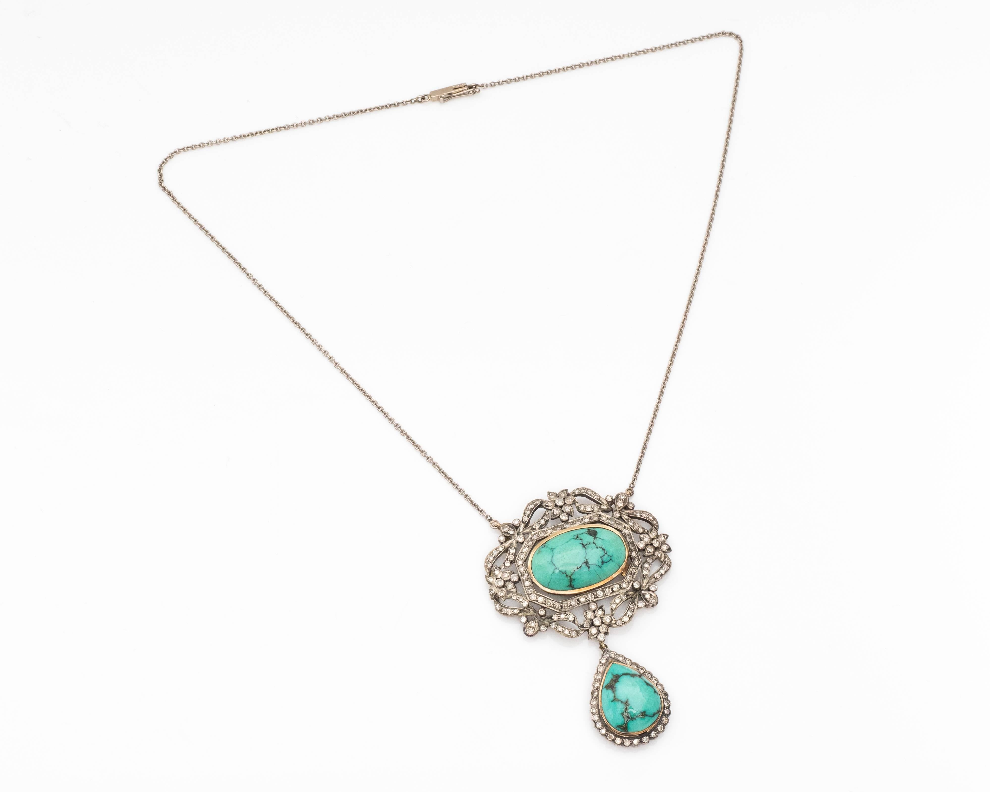 Late Victorian 1800s Victorian .70 Carat Diamond 12 Carat Turquoise 18 Karat Gold Necklace